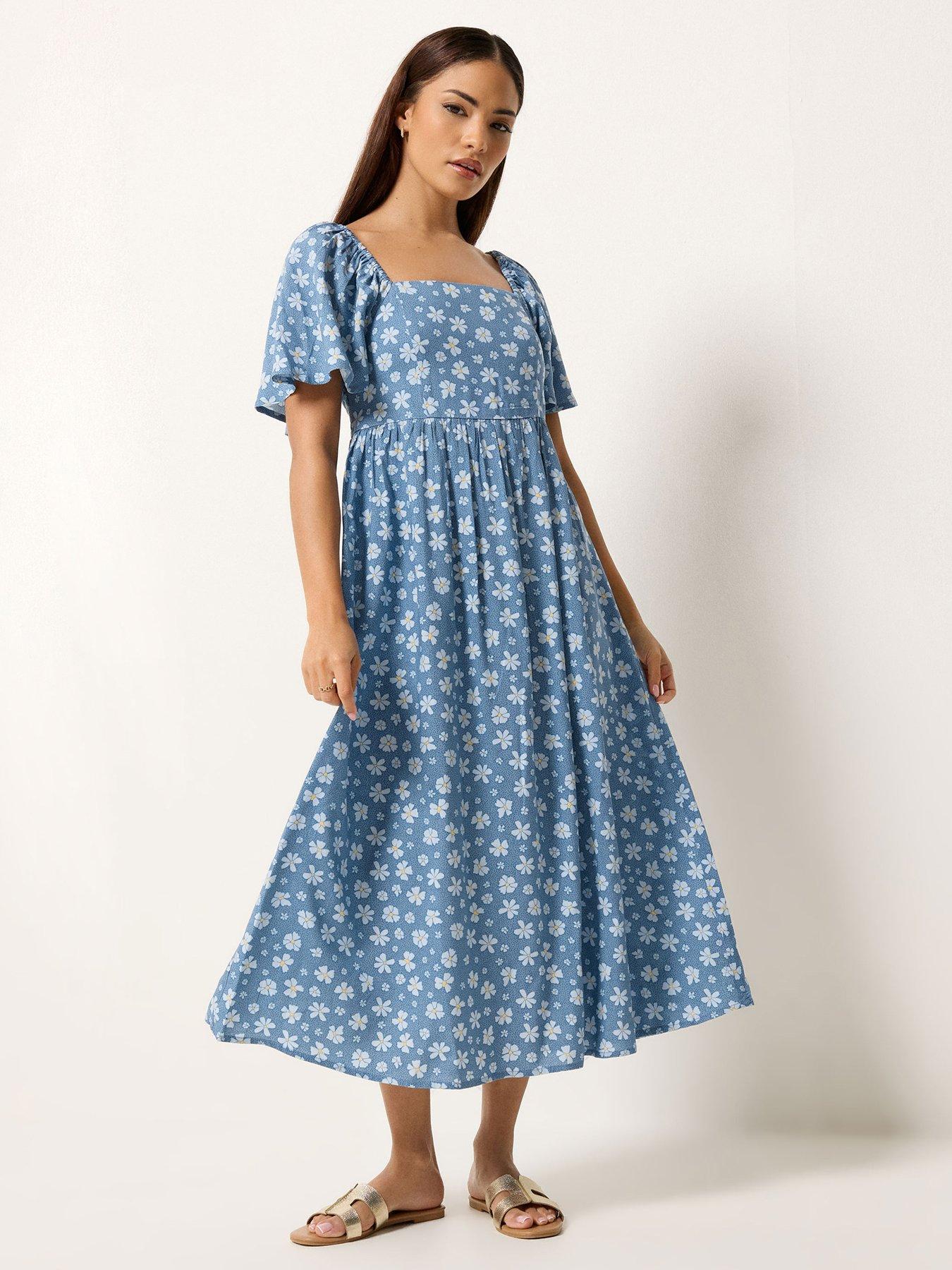 PixieGirl Petite Spot Daisy Square Neck Midi Dress - Blue