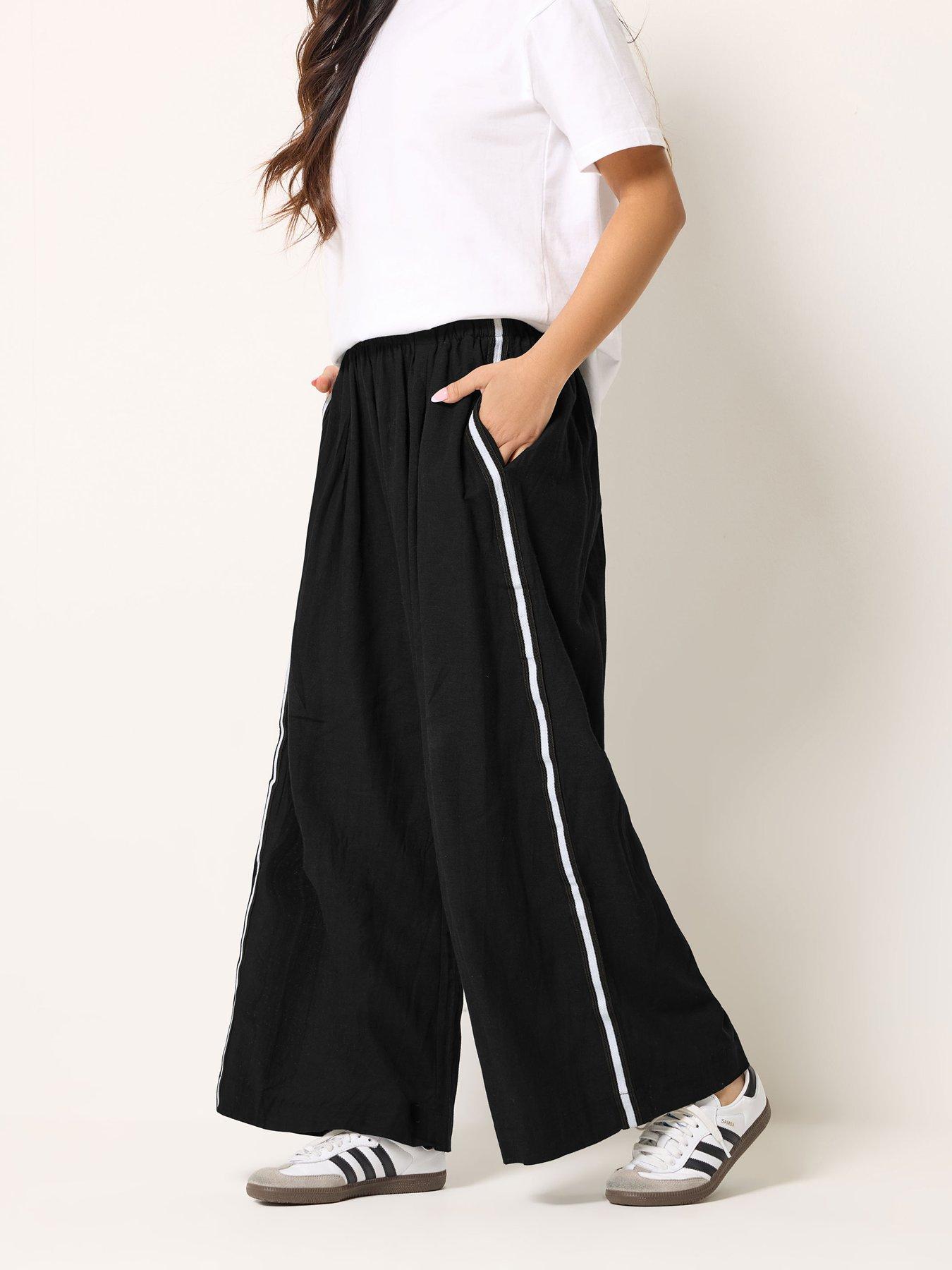 PixieGirl Petite Side Stripe Wide Leg Trousers - Black