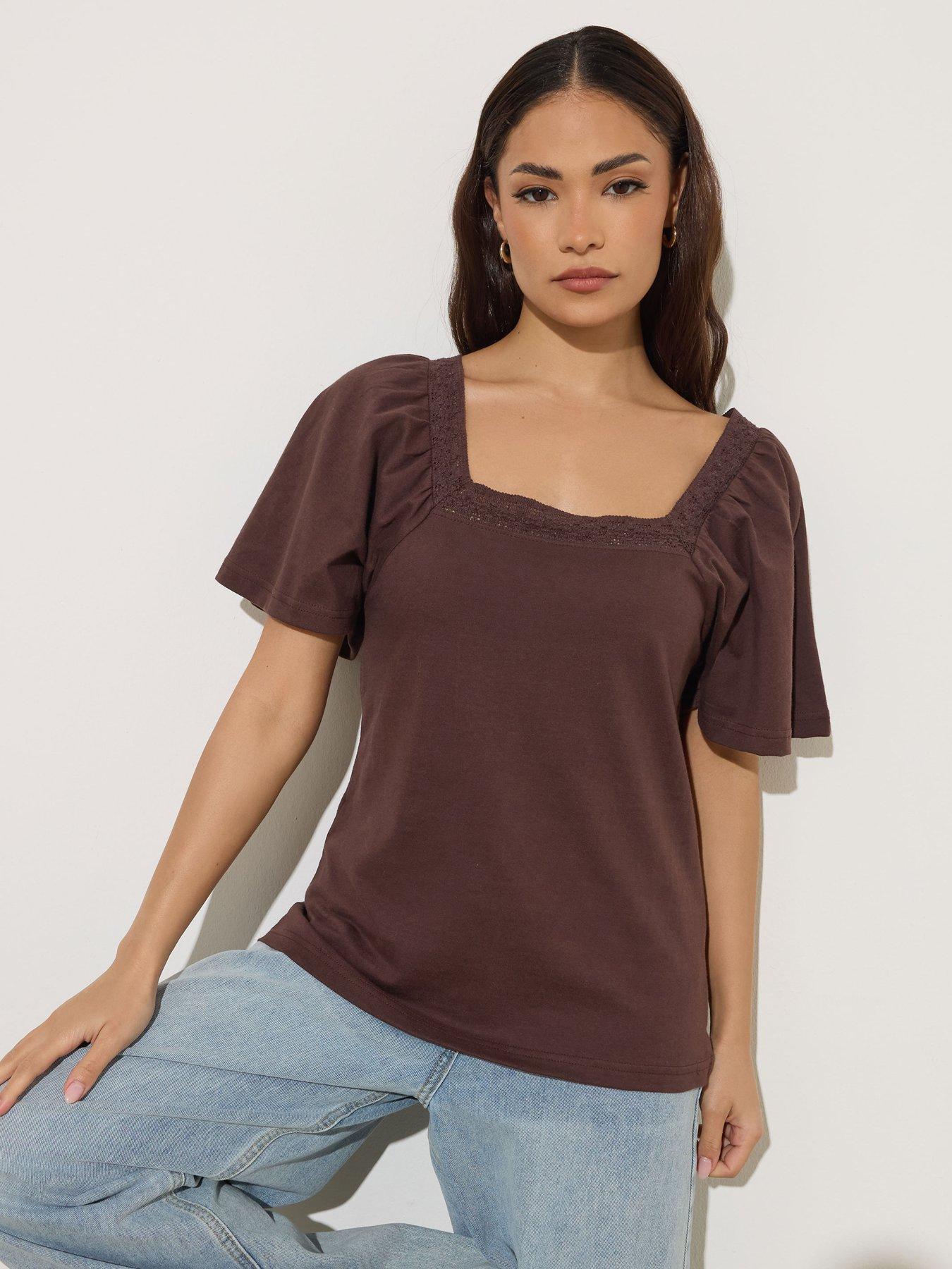 PixieGirl Petite Crochet Neck Flutter Sleeve Top - Brown
