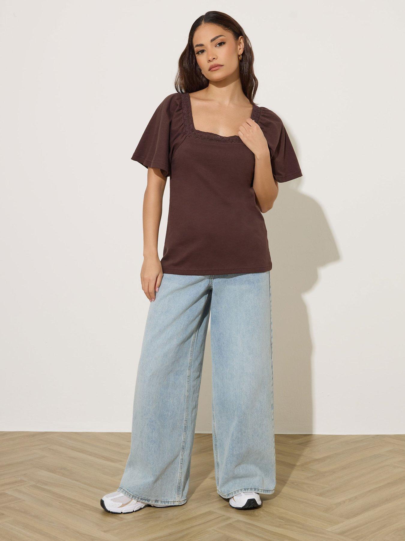 Image 3 of 5 of PixieGirl Petite Crochet Neck Flutter Sleeve Top - Brown