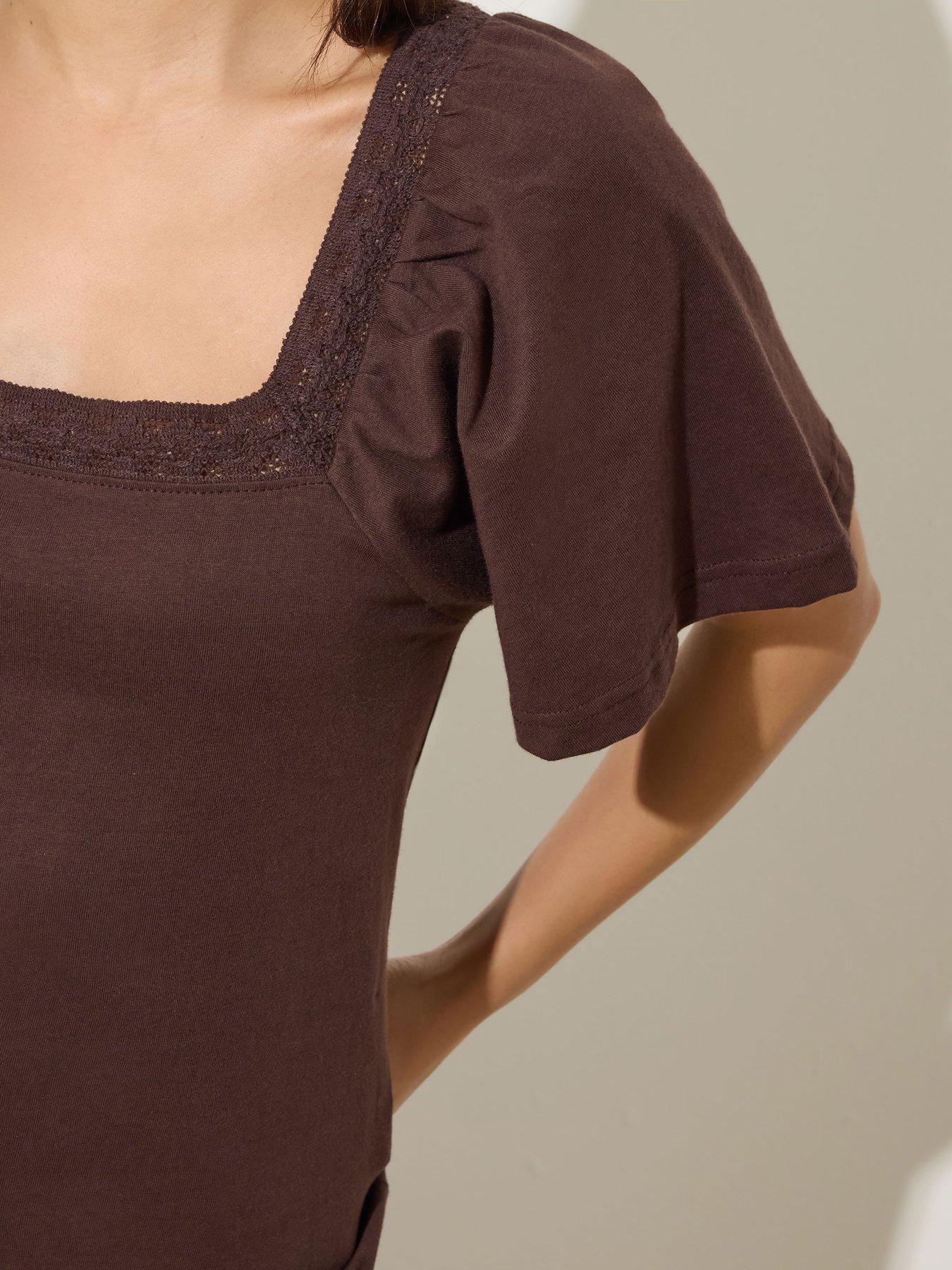 Image 4 of 5 of PixieGirl Petite Crochet Neck Flutter Sleeve Top - Brown