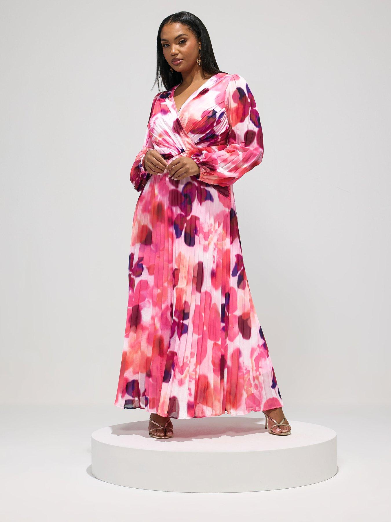 Yours Curve Abstract Long Sleeve Pleated Dress - Pink | Very