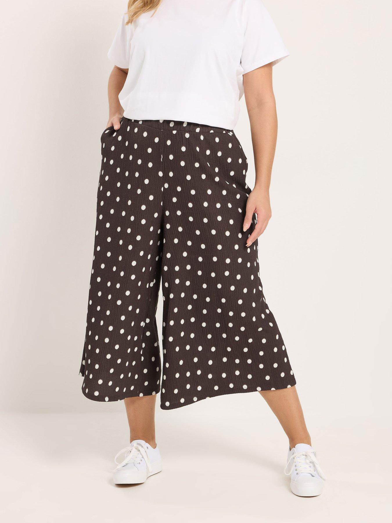Image 1 of 5 of Yours Curve Polka Dot Printed Jersey Culotte - Brown