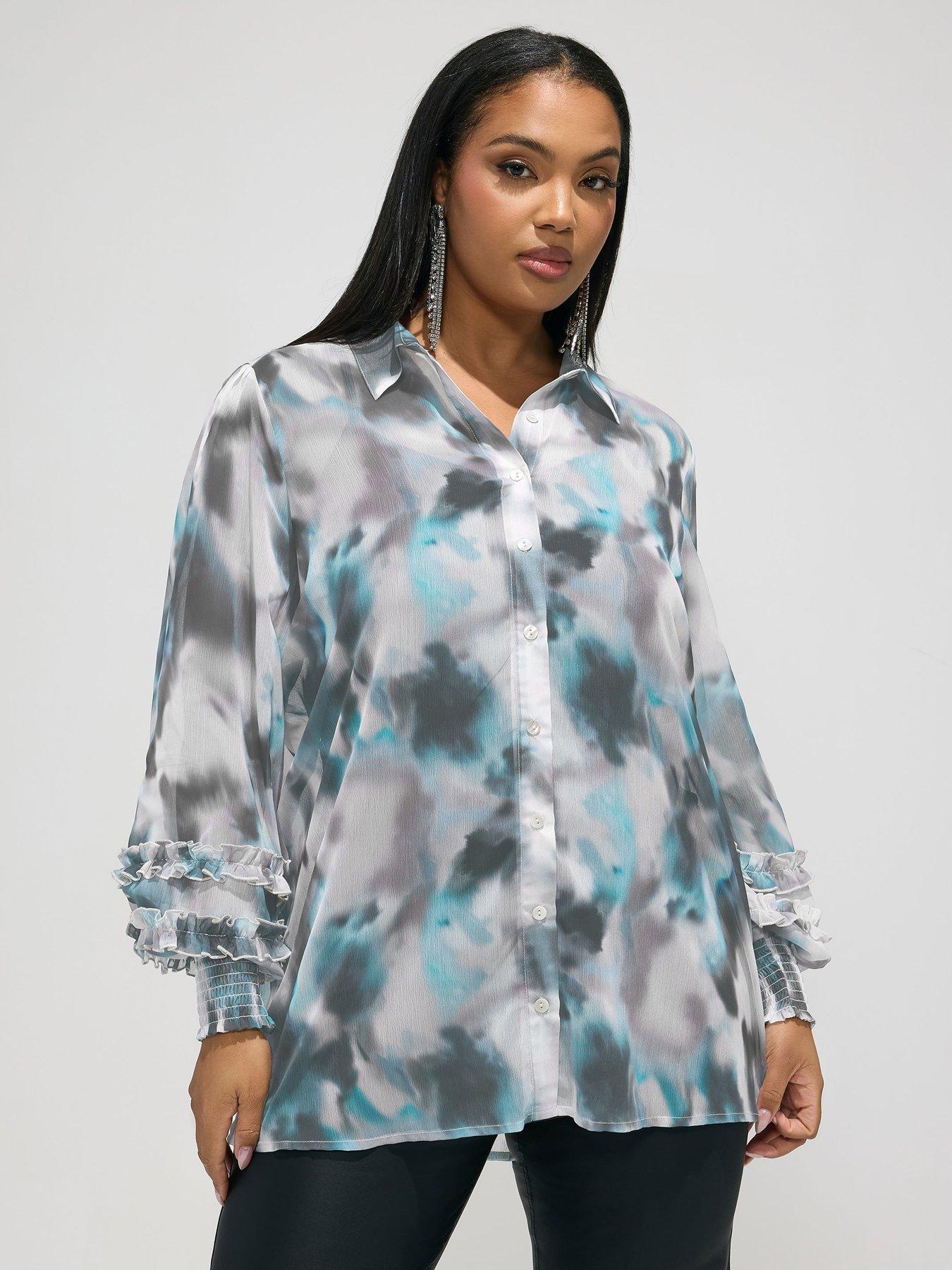 Image 1 of 5 of Yours Curve Abstract Print Cuffed Shirt - Cream