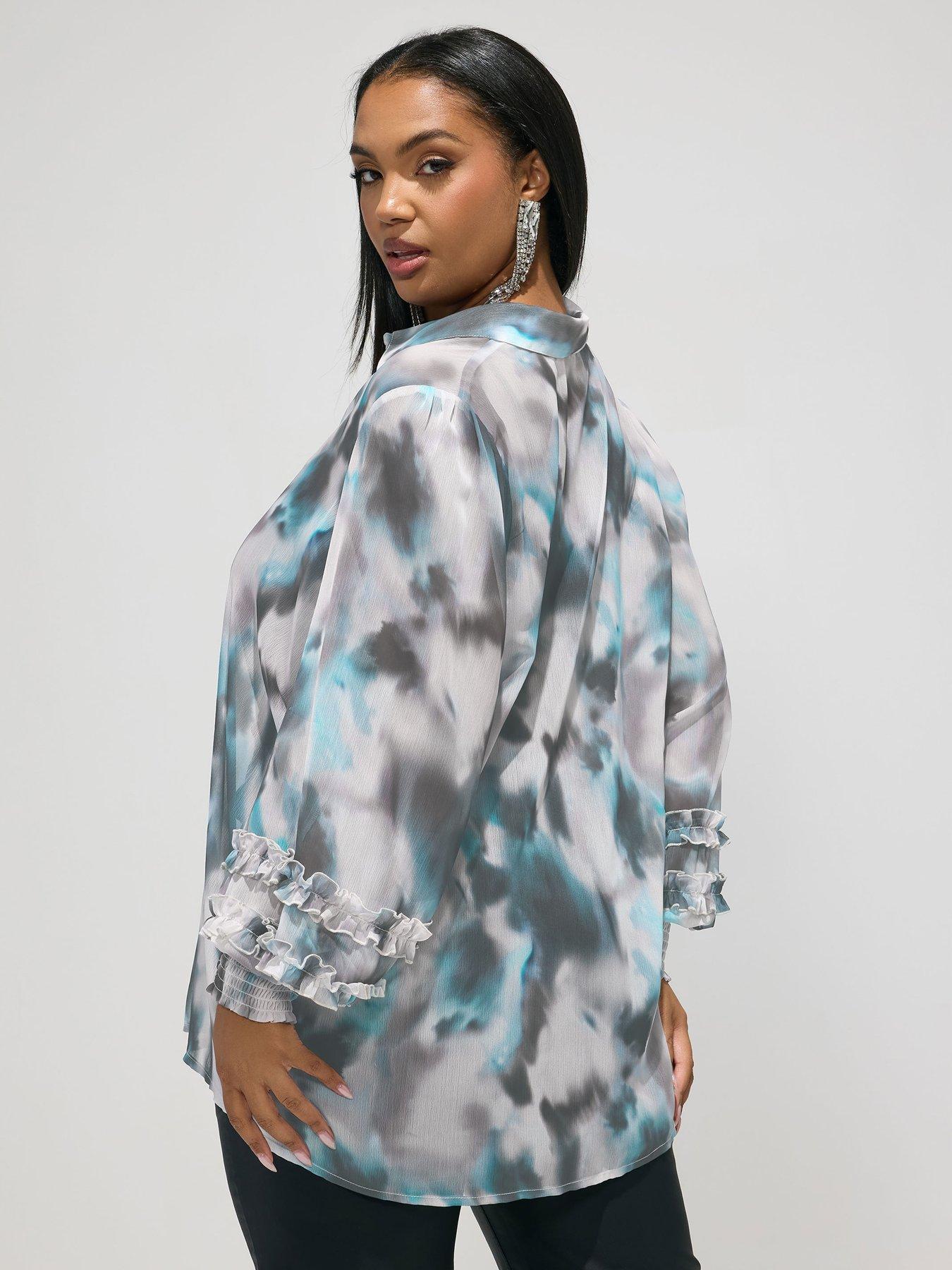 Image 2 of 5 of Yours Curve Abstract Print Cuffed Shirt - Cream