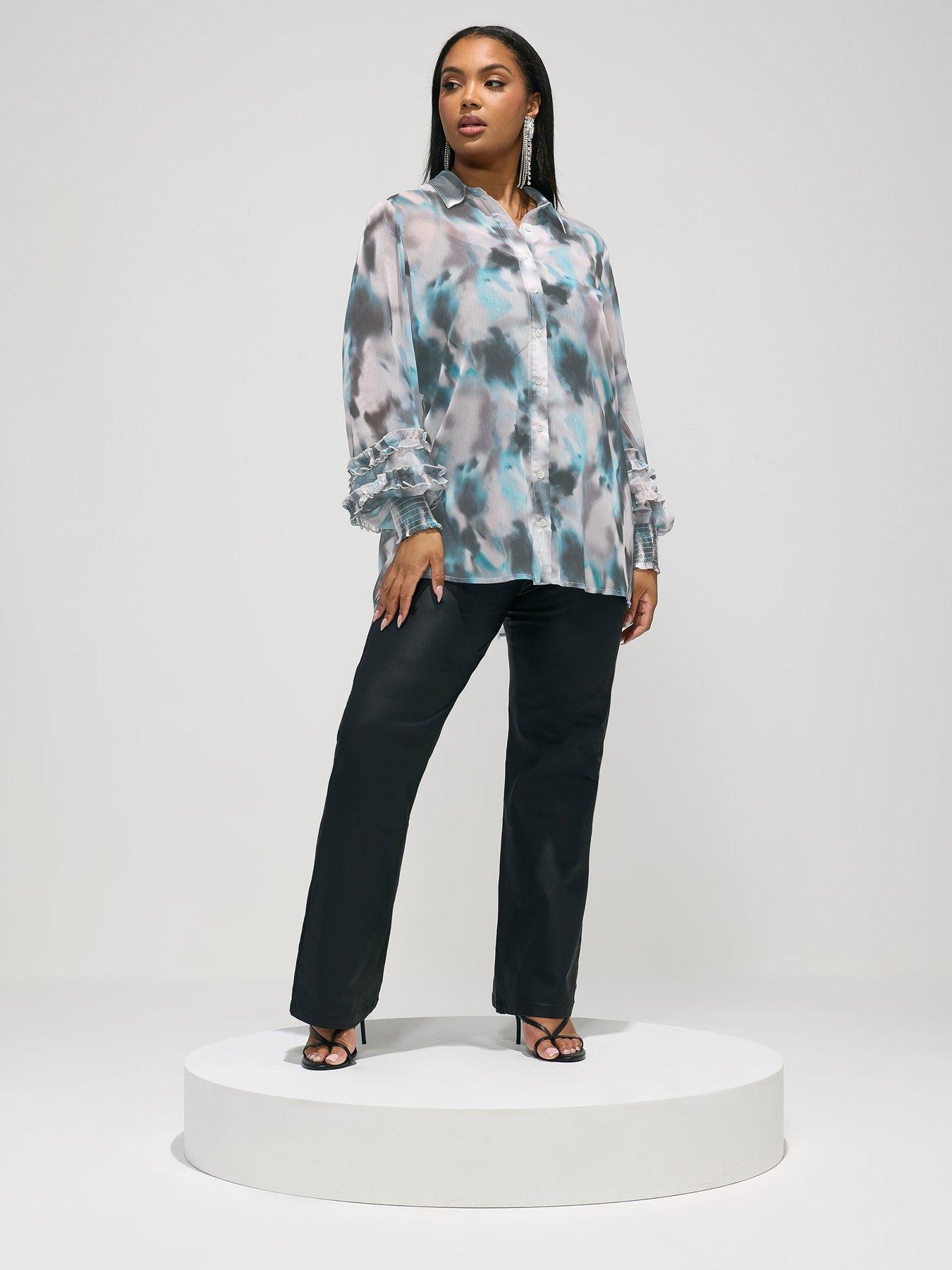 Image 3 of 5 of Yours Curve Abstract Print Cuffed Shirt - Cream