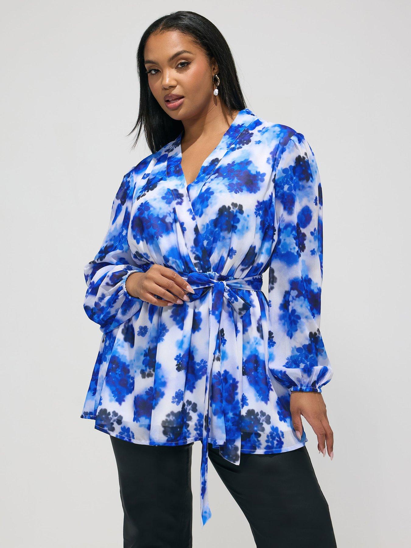 Yours Curve Floral Blur Wrap Top - Blue