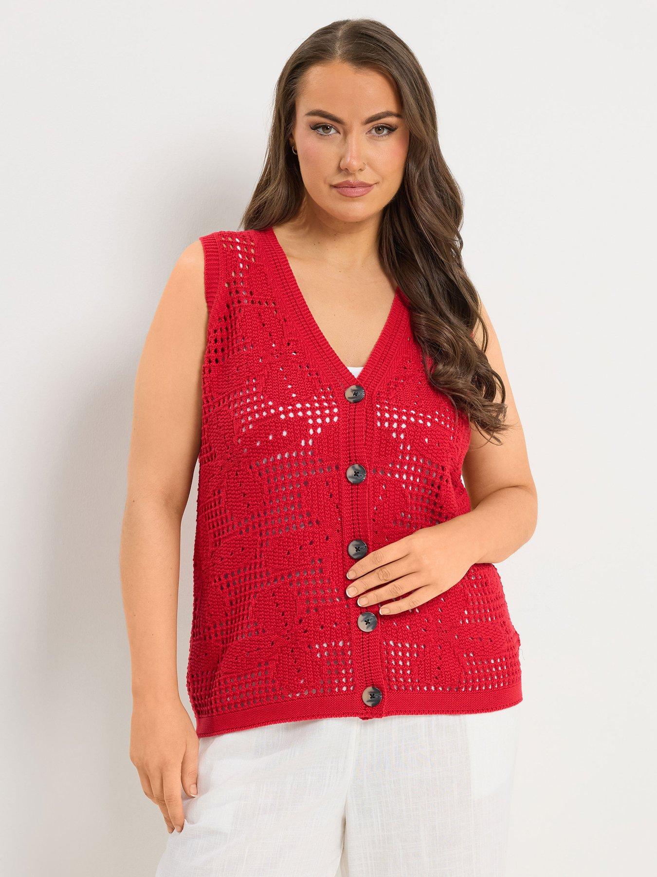 Yours Curve Floral Crochet Waistcoat - Red