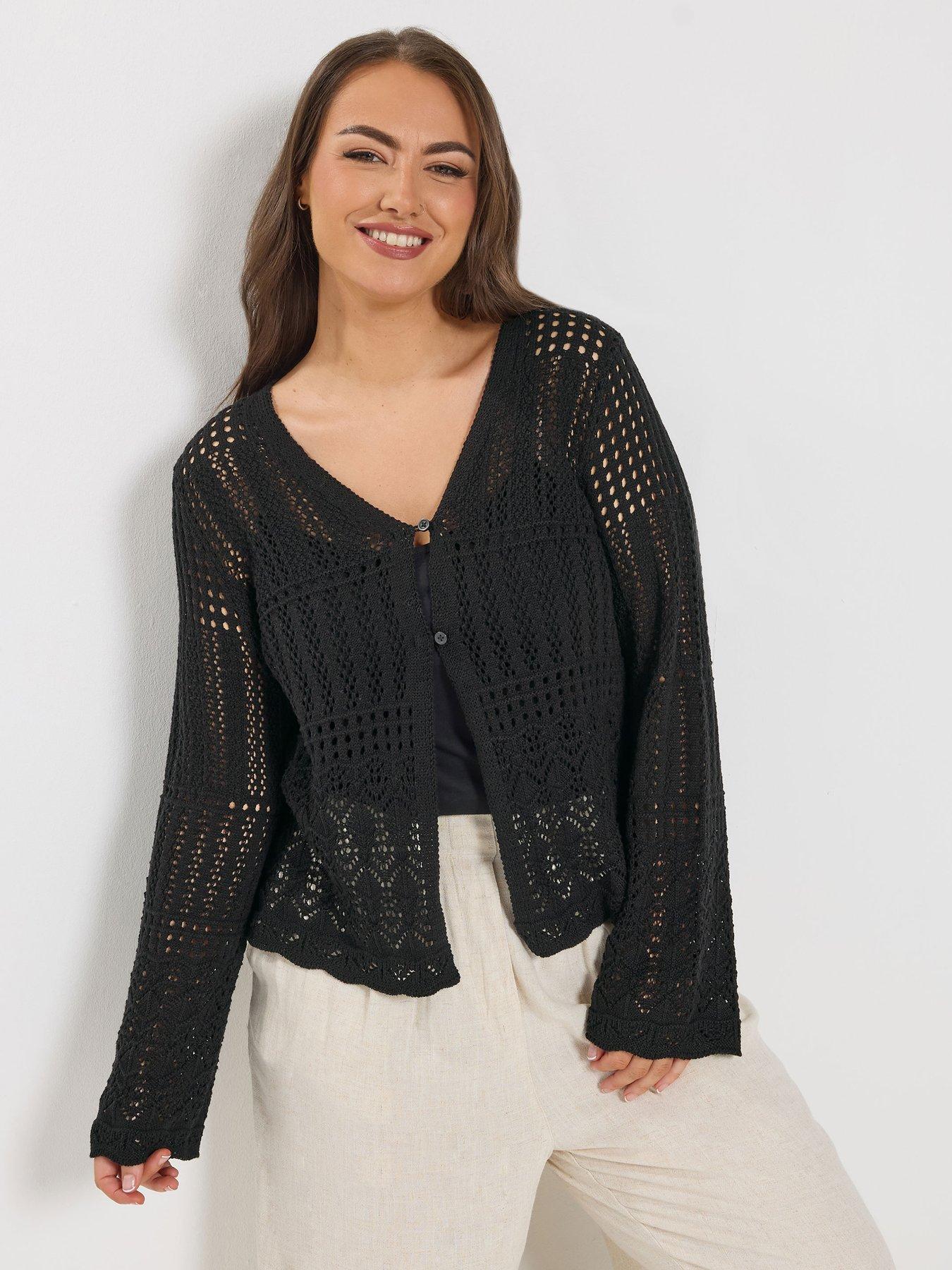 Yours Curve Pointelle Stitch Cardigan - Black