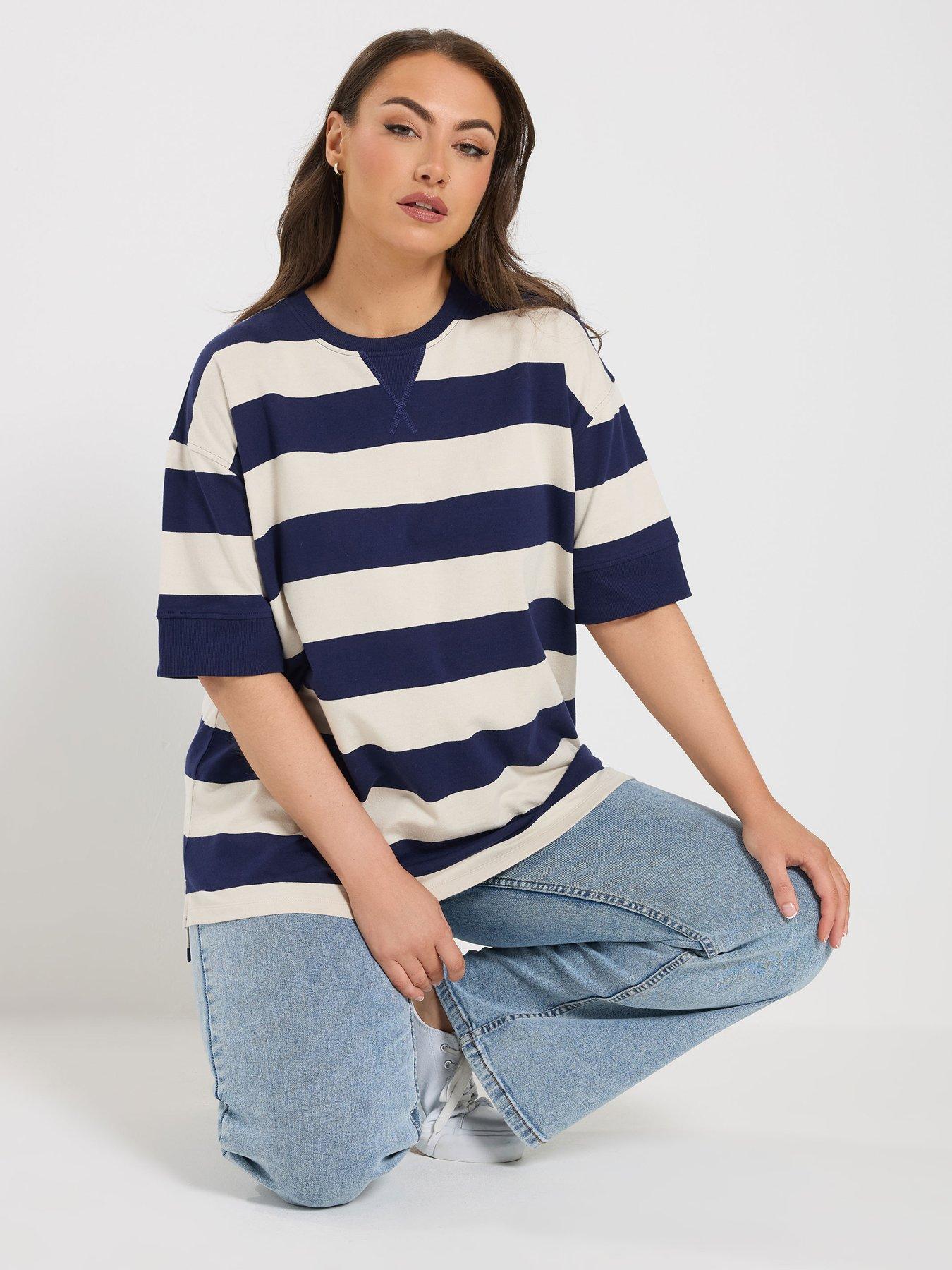 Yours Curve Striped Heavyweight T-Shirt - Blue