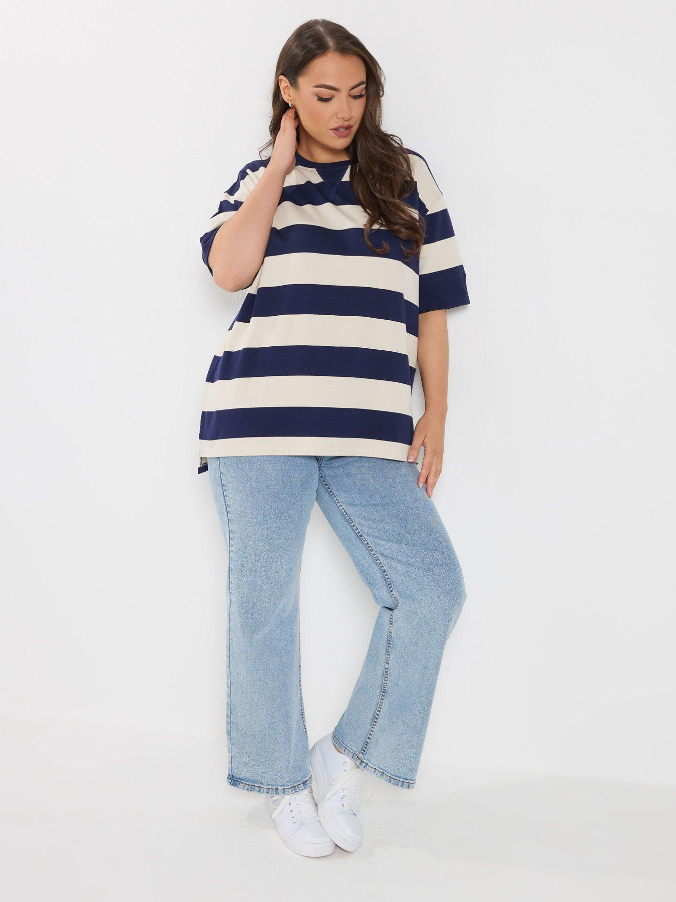 Image 3 of 5 of Yours Curve Striped Heavyweight T-Shirt - Blue
