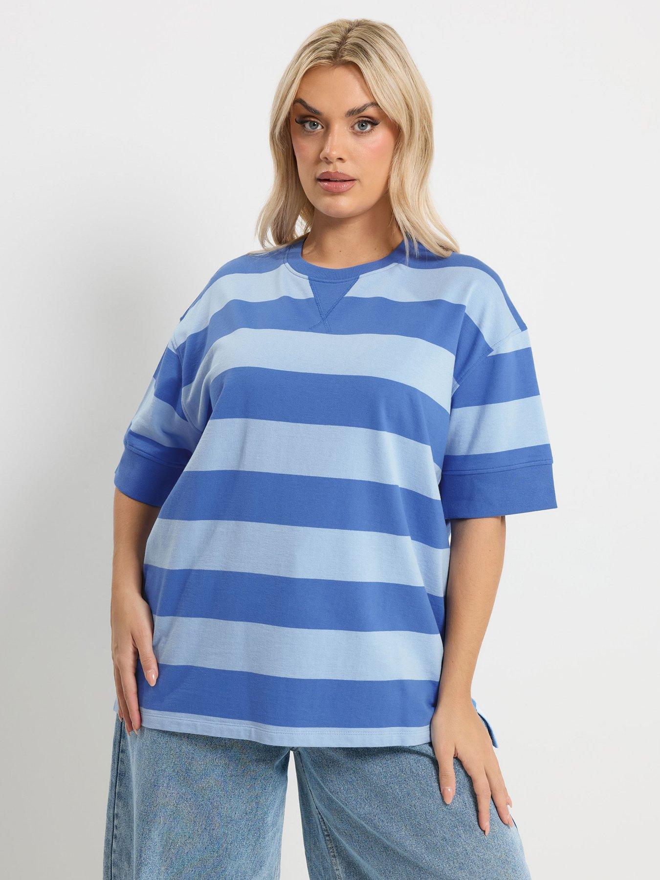 Yours Curve Striped Heavyweight T-Shirt - Blue