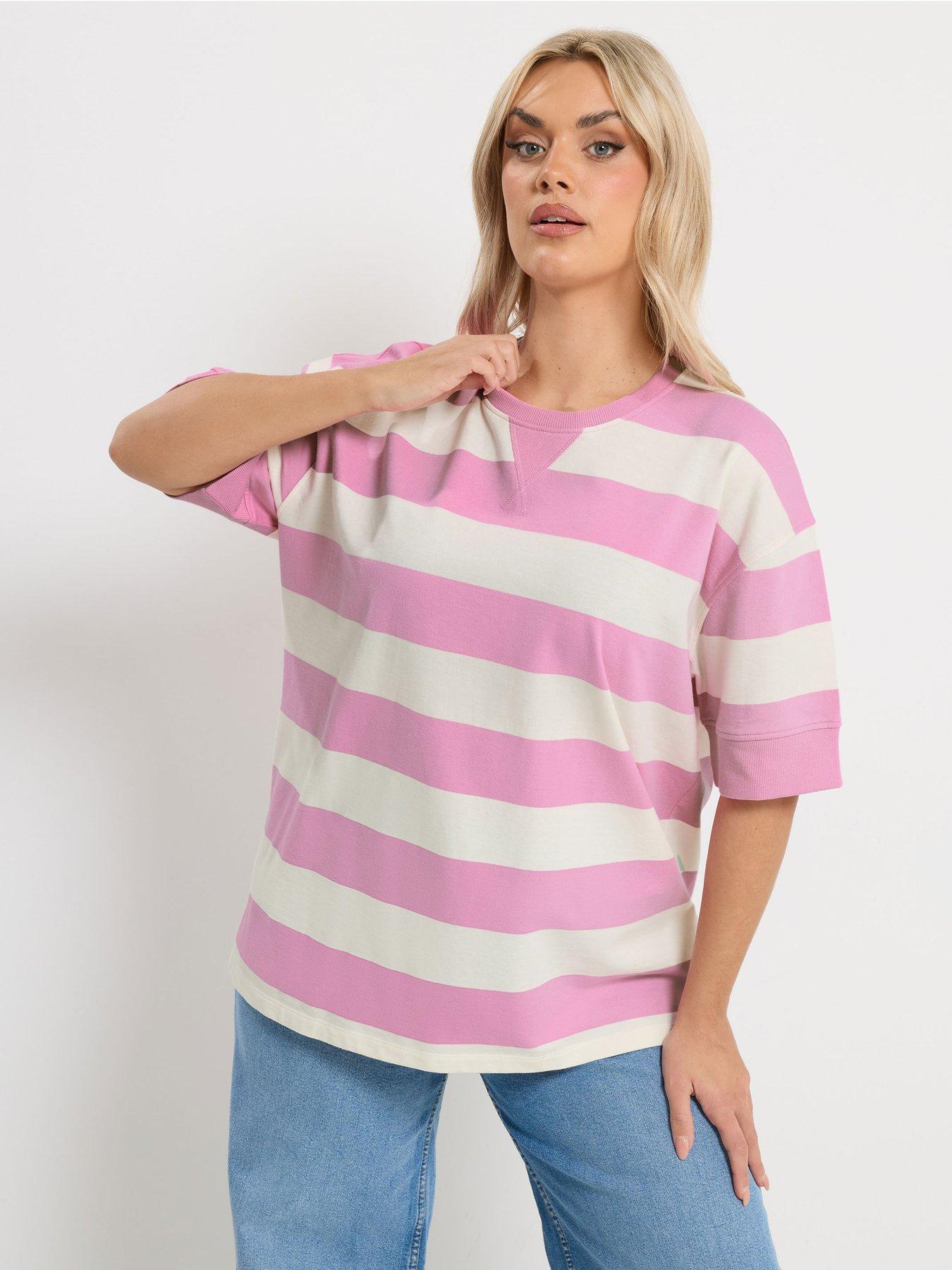 Yours Curve Striped Heavyweight T-Shirt - Pink