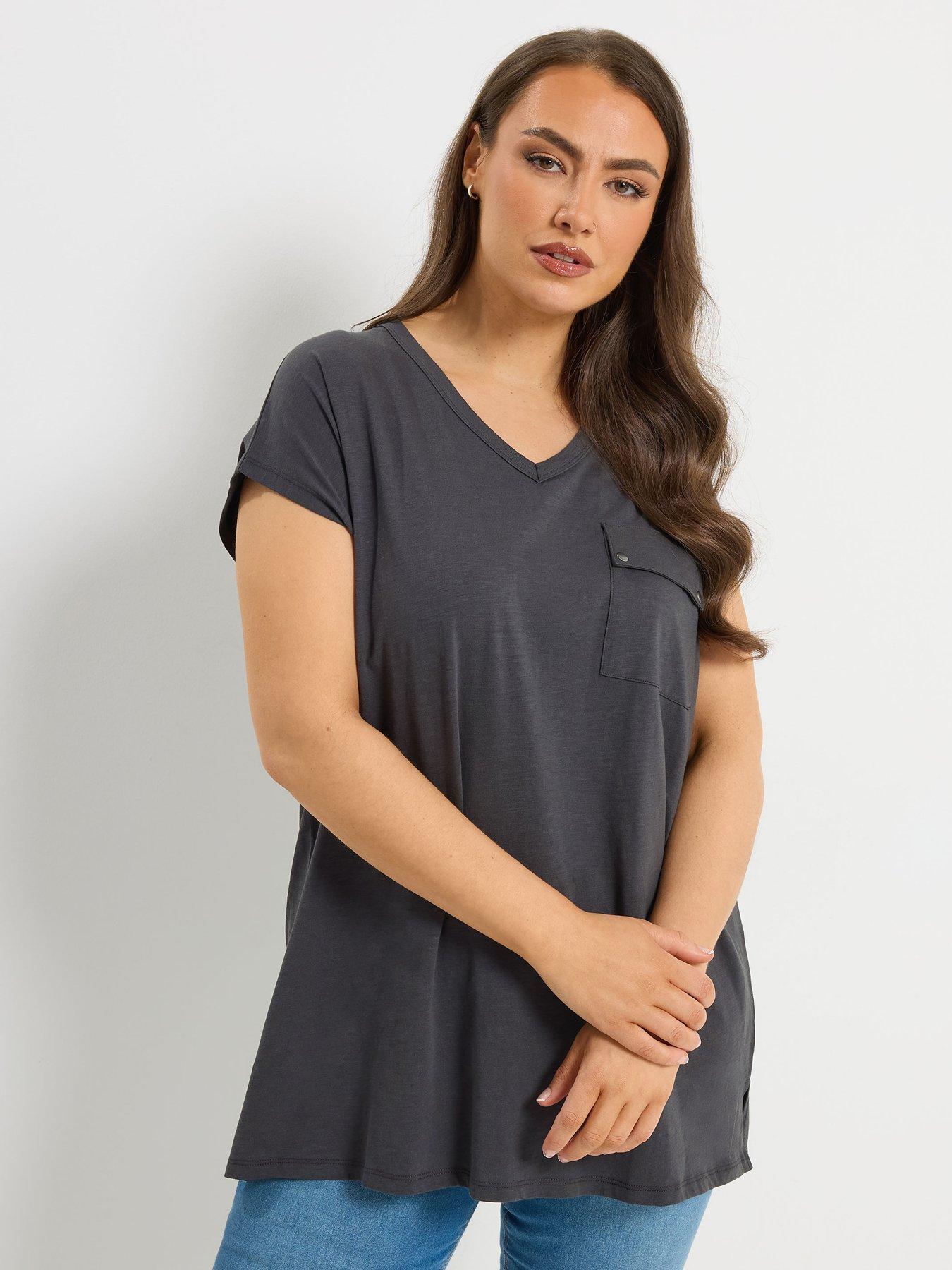 Yours Curve Stud Pocket T-Shirt - Grey