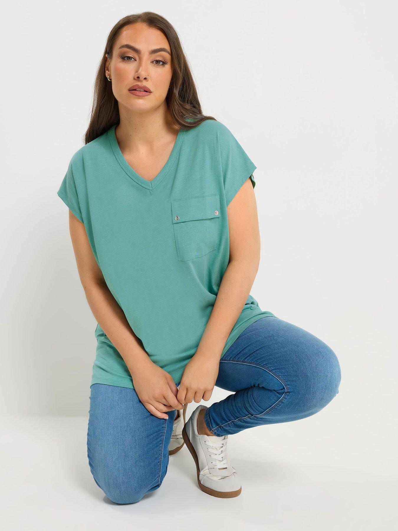 Yours Curve Stud Pocket T-Shirt - Green