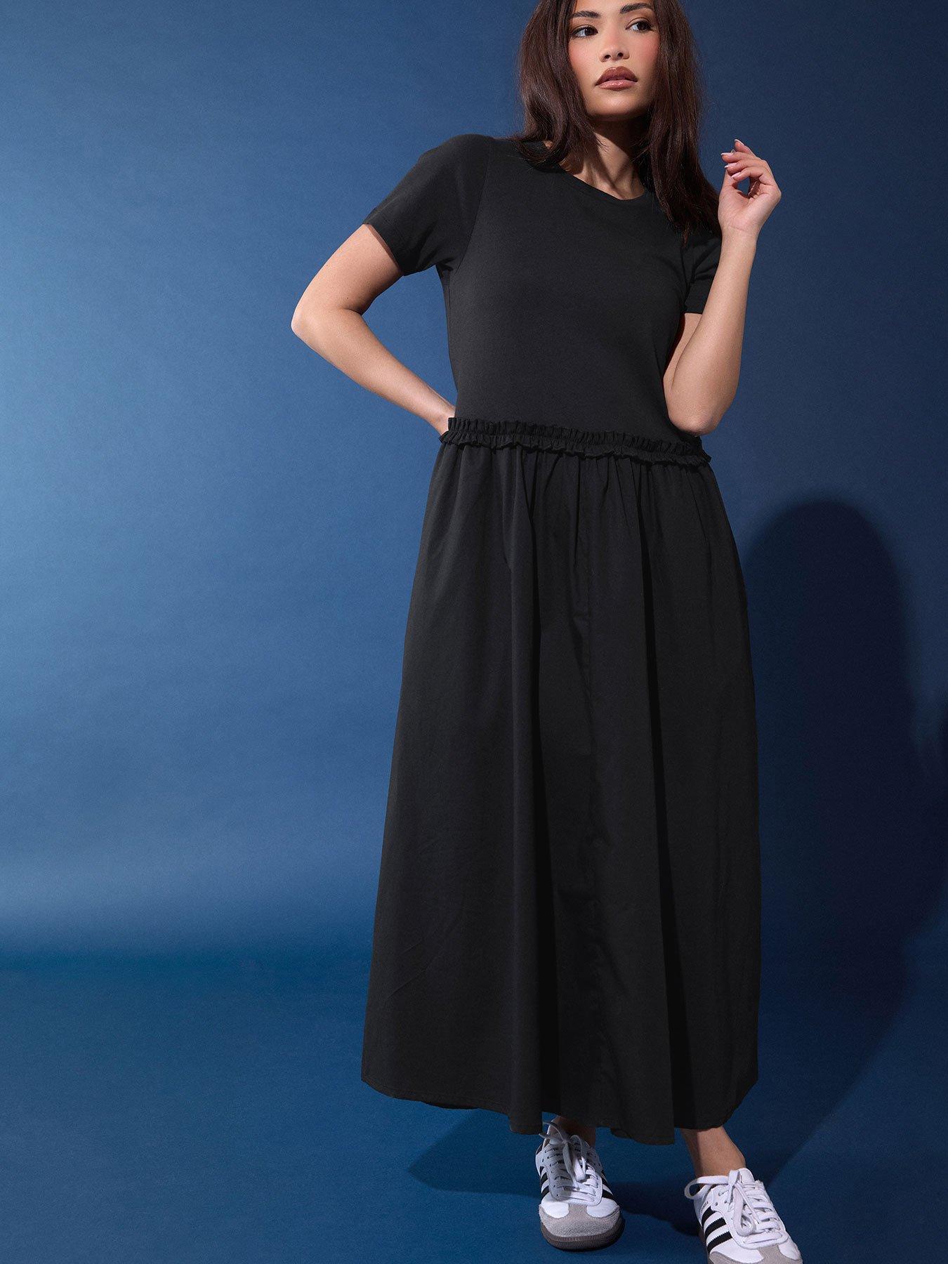 PixieGirl Petite Short Sleeve Mixed Ruffle Seam Midi Dress - Black