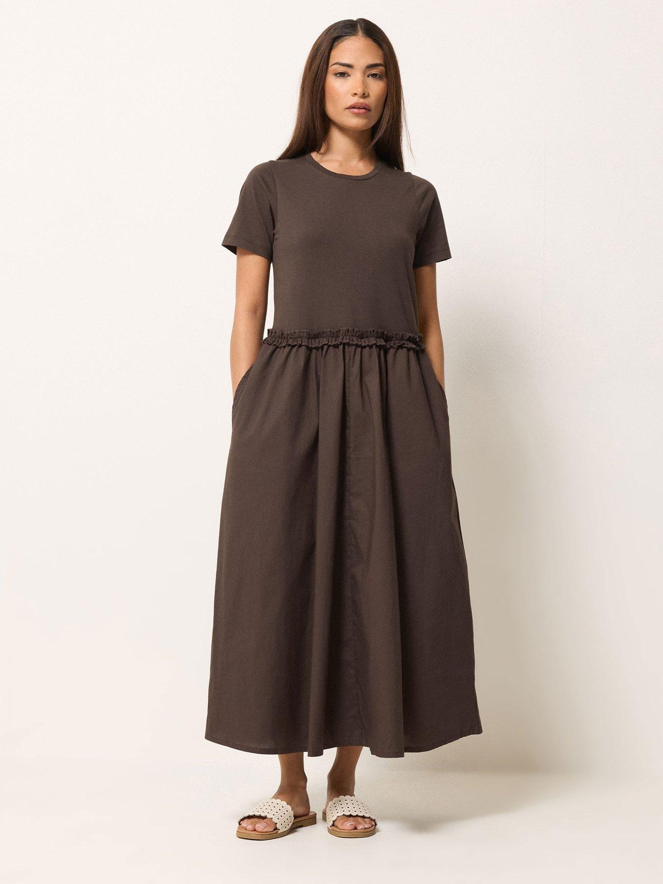 PixieGirl Petite Short Sleeve Mixed Ruffle Seam Midi Dress - Brown