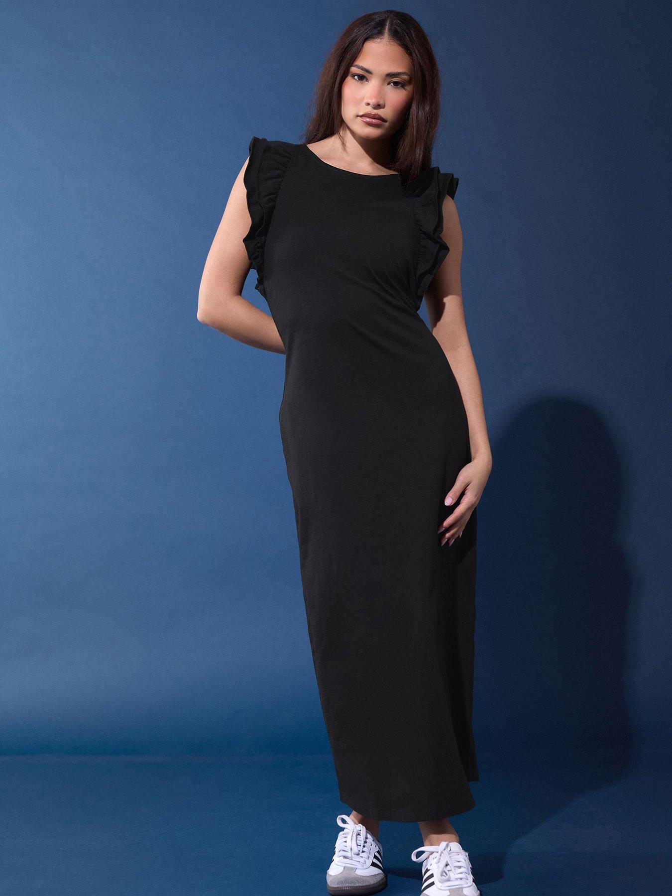 PixieGirl Petite Frill Shoulder Maxi Dress - Black