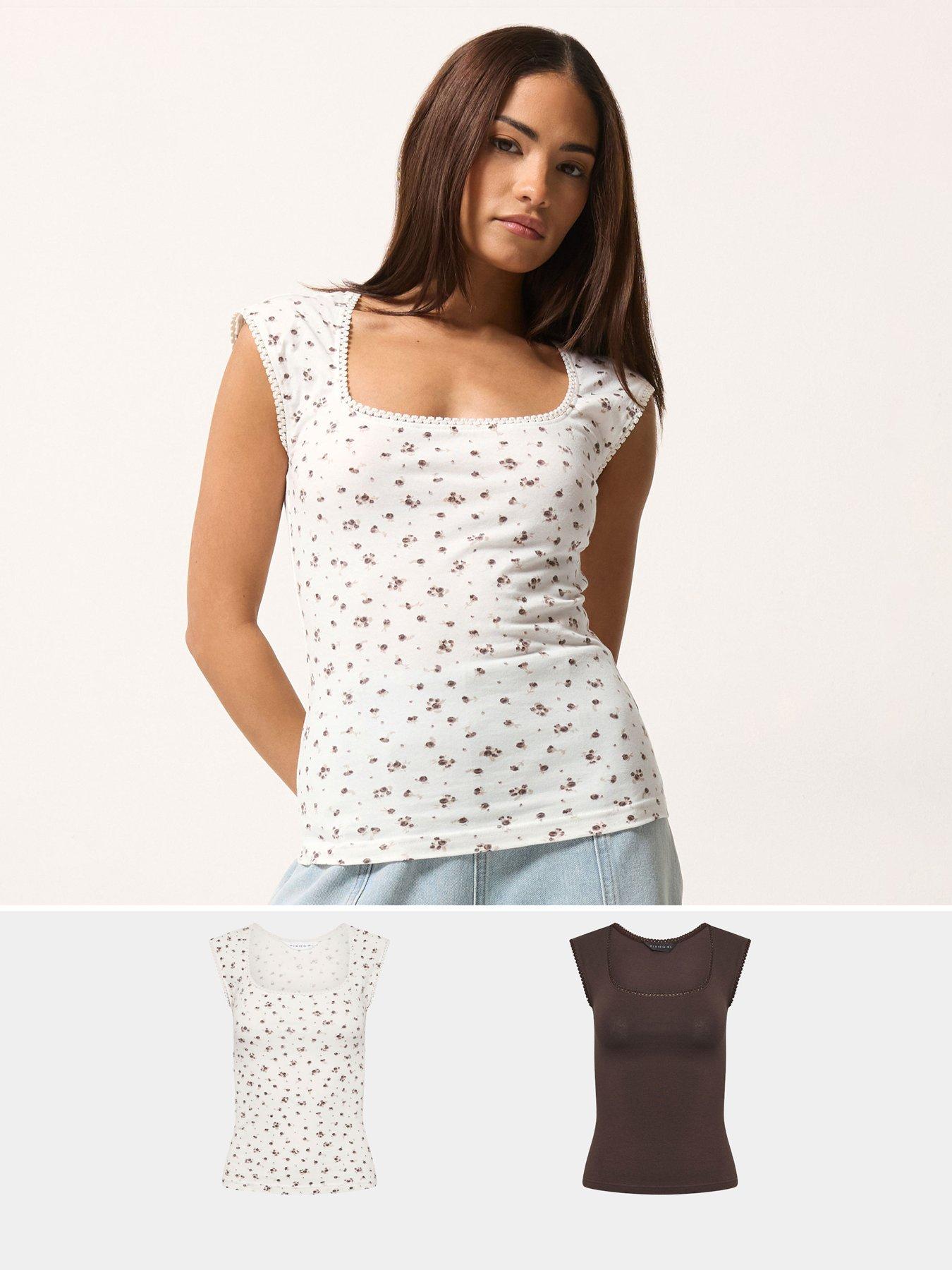 PixieGirl Petite 2 Pack Ditsy Square Neck Vest - Brown/Print