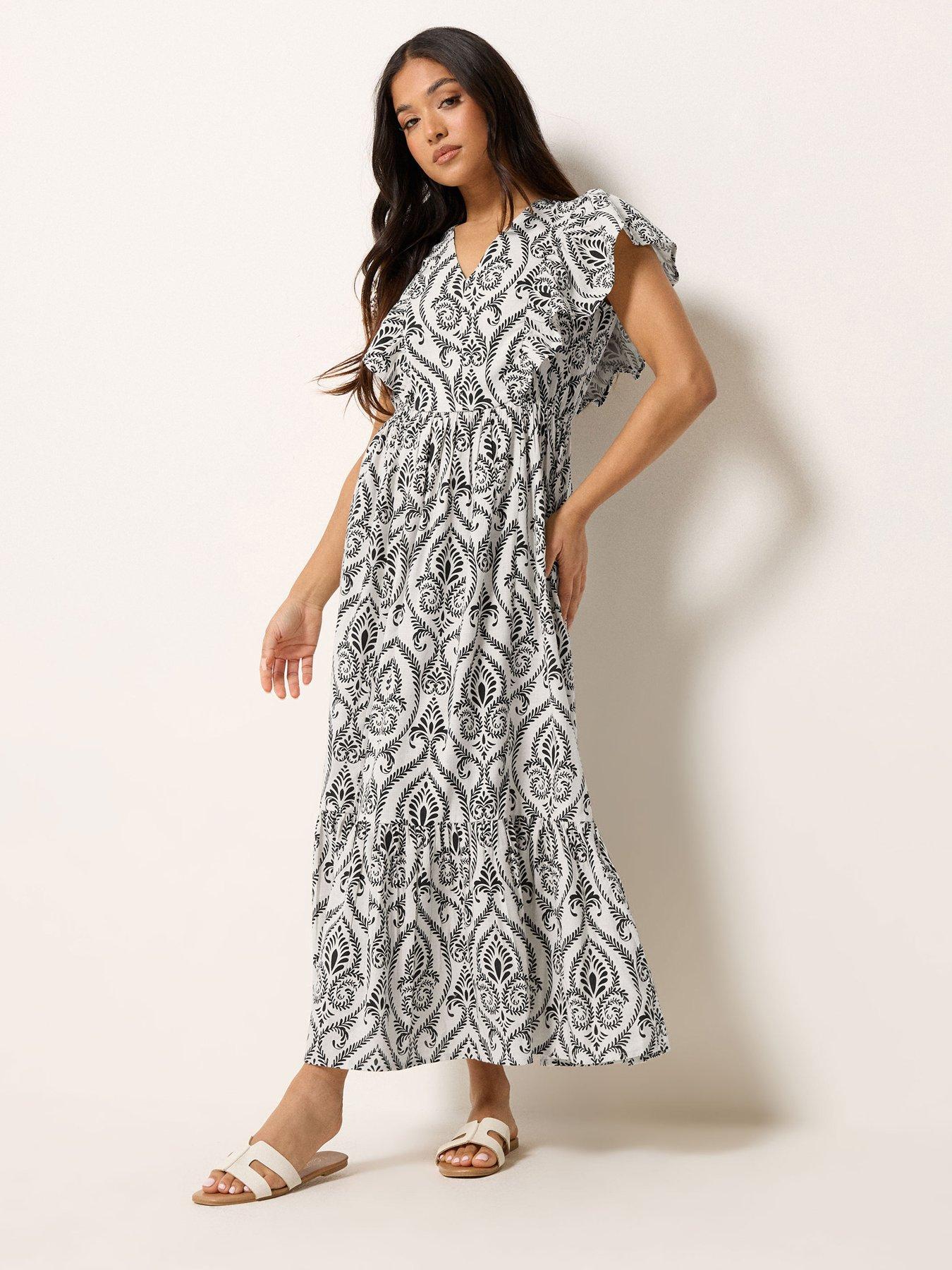 PixieGirl Petite Frill Print Maxi Dress - White
