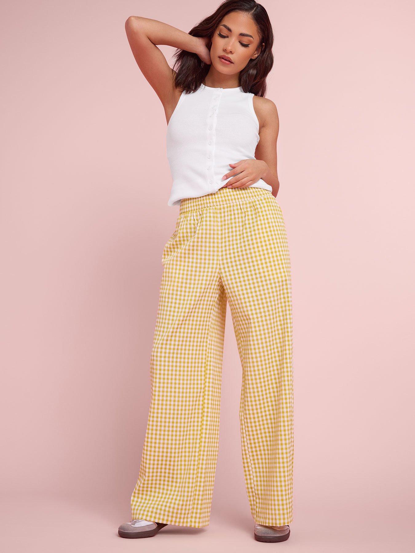 PixieGirl Petite Gingham Shirred Waist Wide Leg Trousers - Yellow