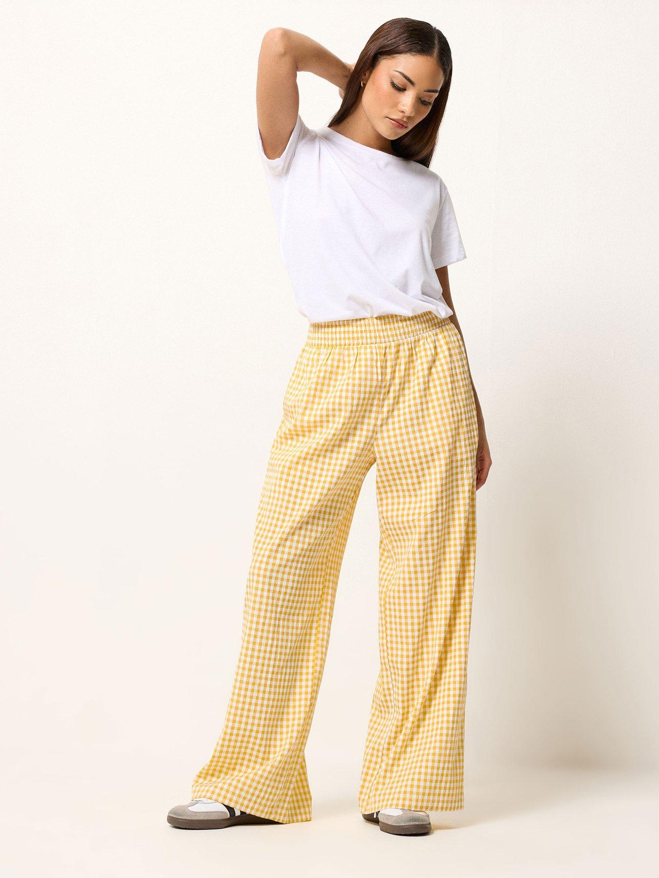 Image 3 of 6 of PixieGirl Petite Gingham Shirred Waist Wide Leg Trousers