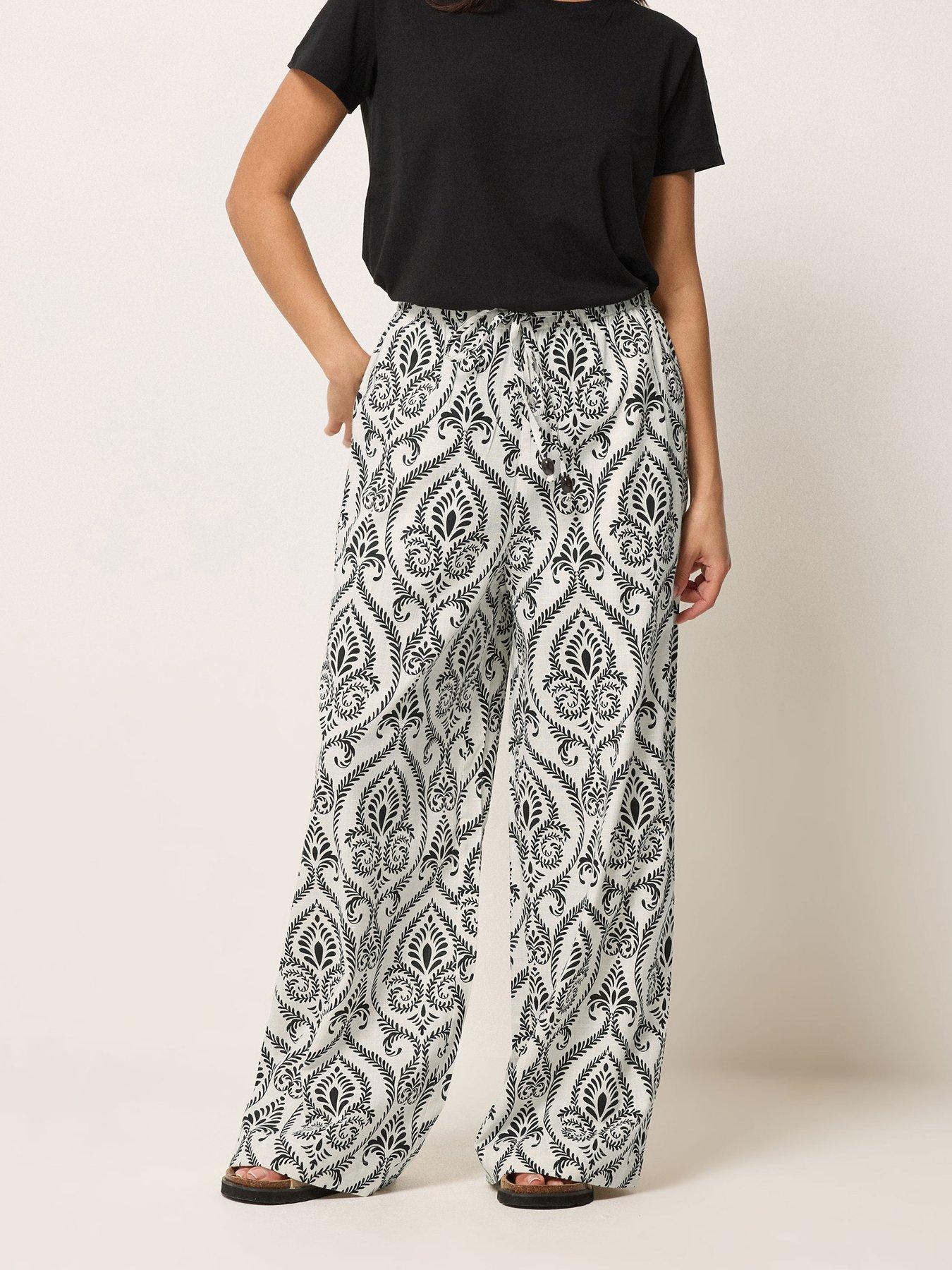 PixieGirl Petite Tile Print Bead Wide Leg Trousers - Cream