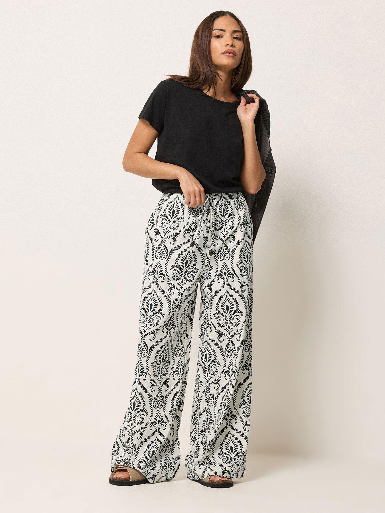 Image 3 of 5 of PixieGirl Petite Tile Print Bead Wide Leg Trousers - Cream