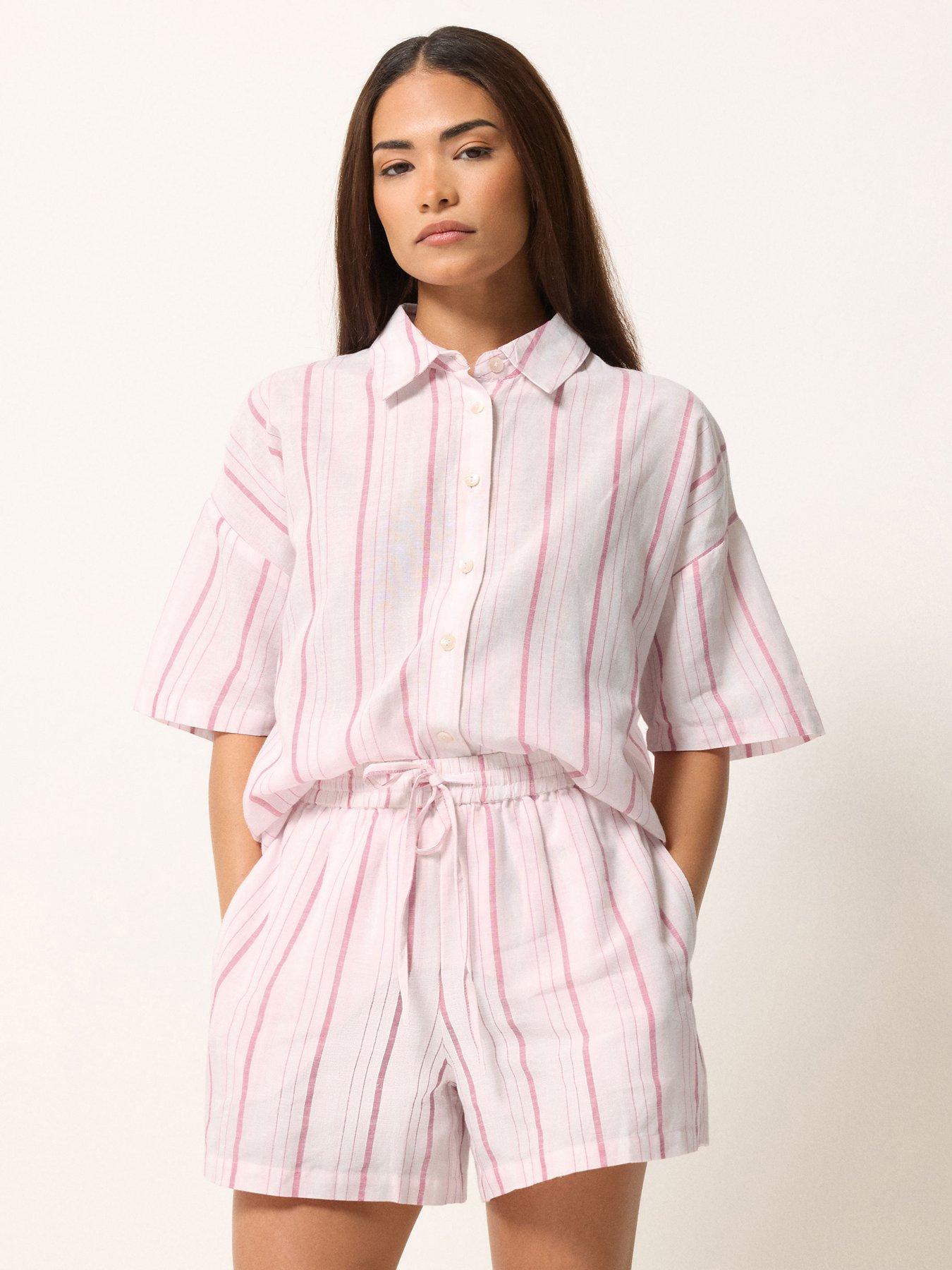 PixieGirl Petite Stripe Short Sleeve Shorts Containing Linen