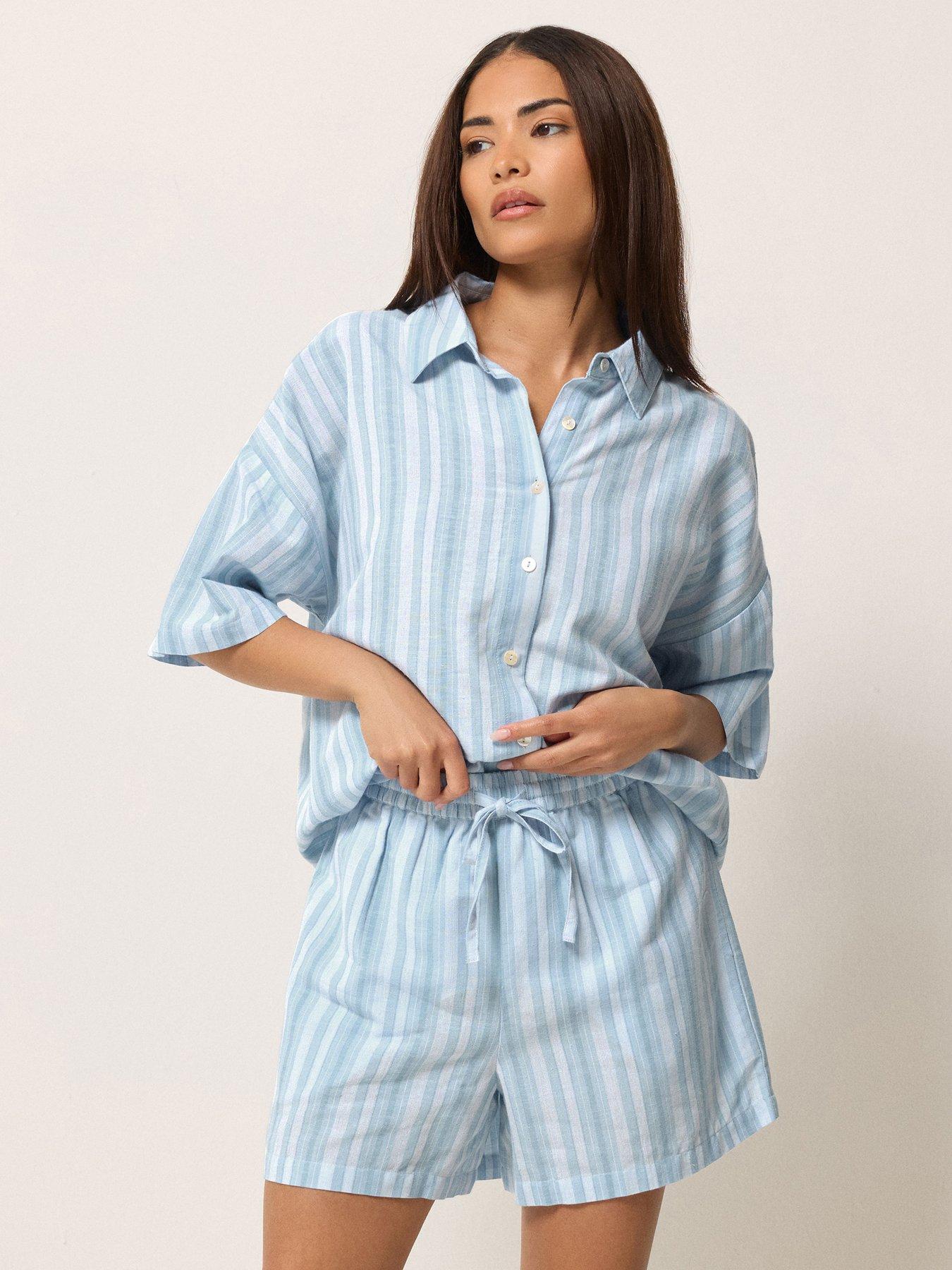 Image 1 of 5 of PixieGirl Petite Stripe Short Sleeve Shorts Containing Linen - Blue