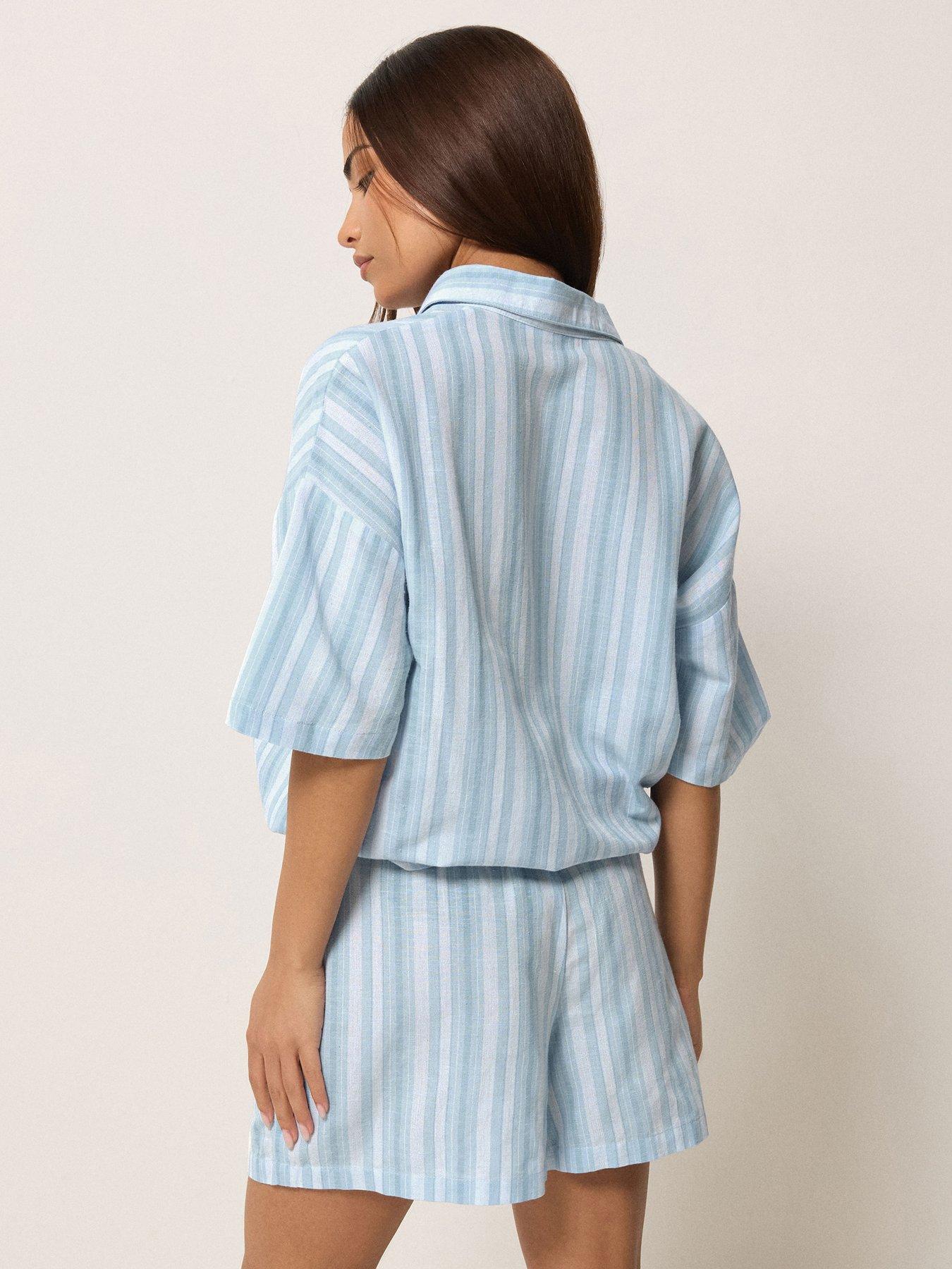 Image 2 of 5 of PixieGirl Petite Stripe Short Sleeve Shorts Containing Linen - Blue
