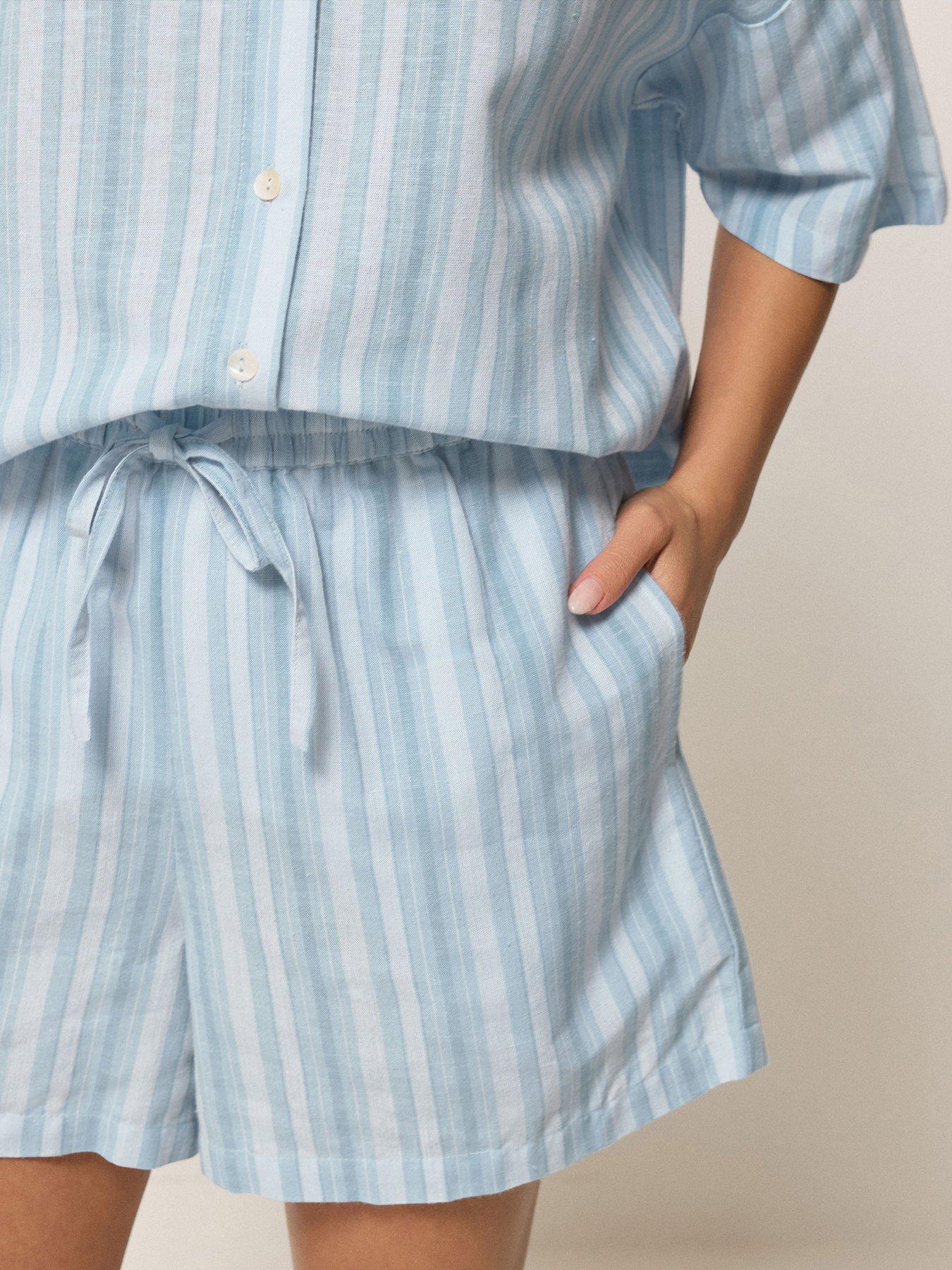 Image 4 of 5 of PixieGirl Petite Stripe Short Sleeve Shorts Containing Linen - Blue