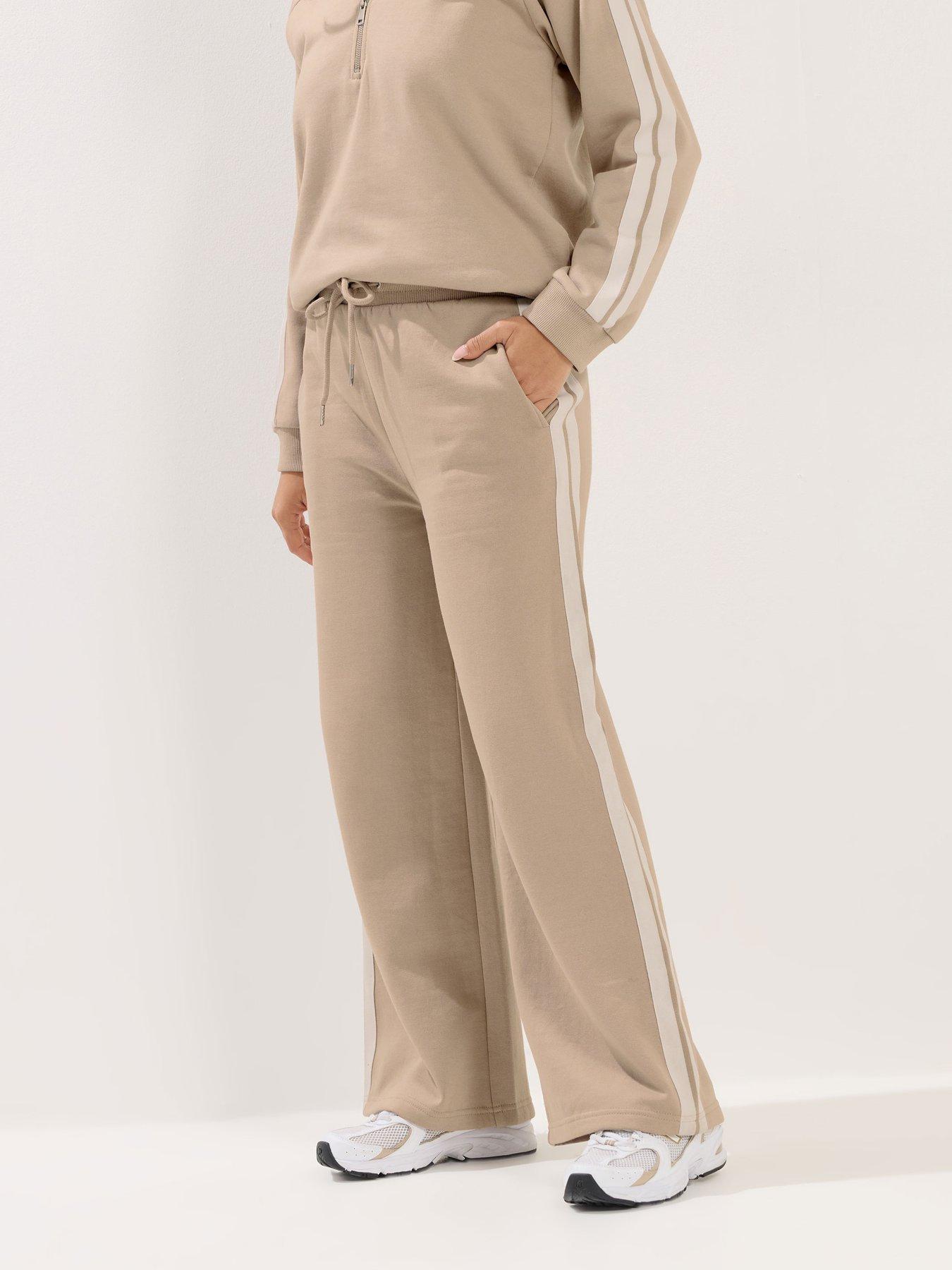 PixieGirl Petite 2 Side Stripe Wide Leg Joggers - Cream