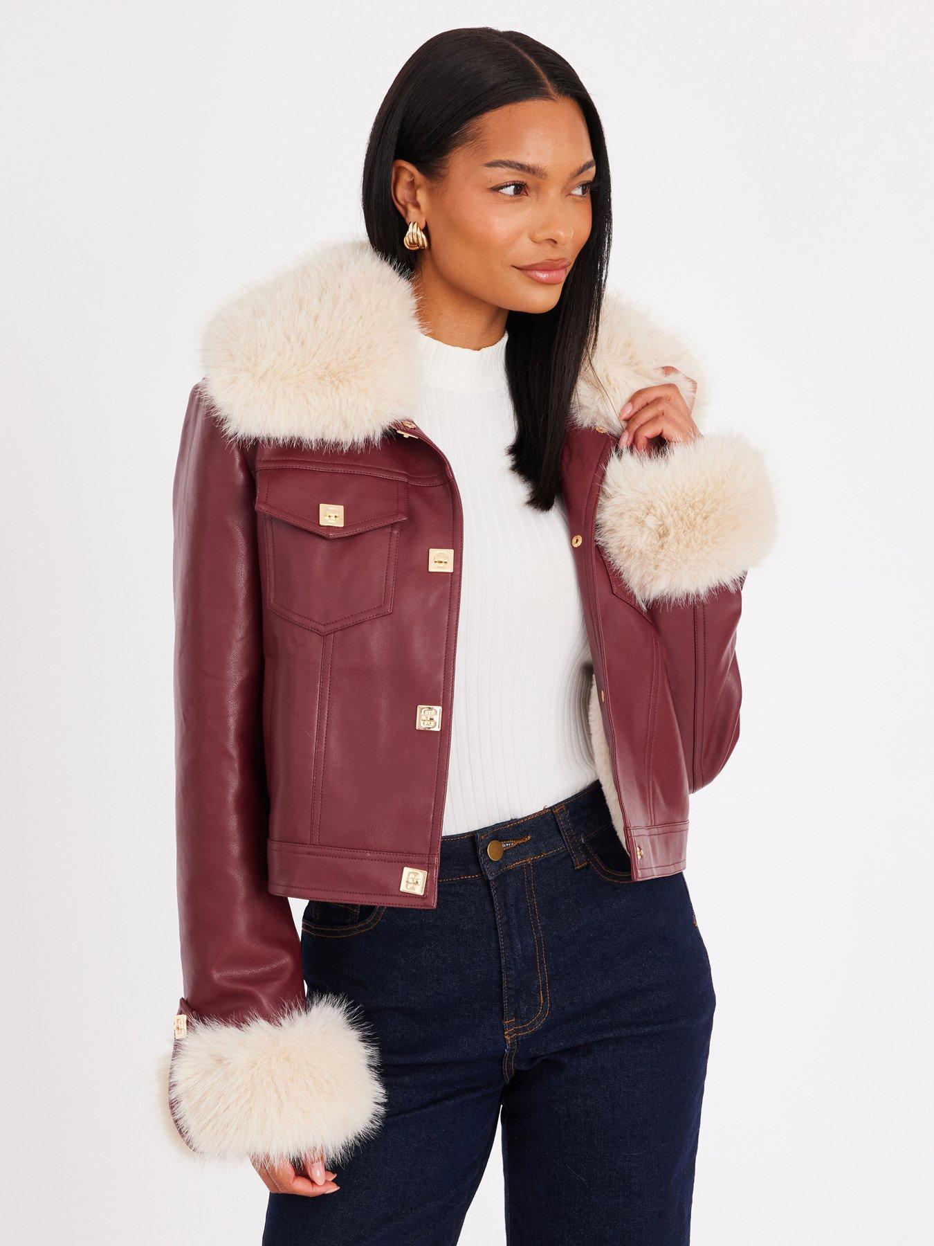 Image 1 of 6 of Quiz Burgundy Faux Fur Button Detail Jacket