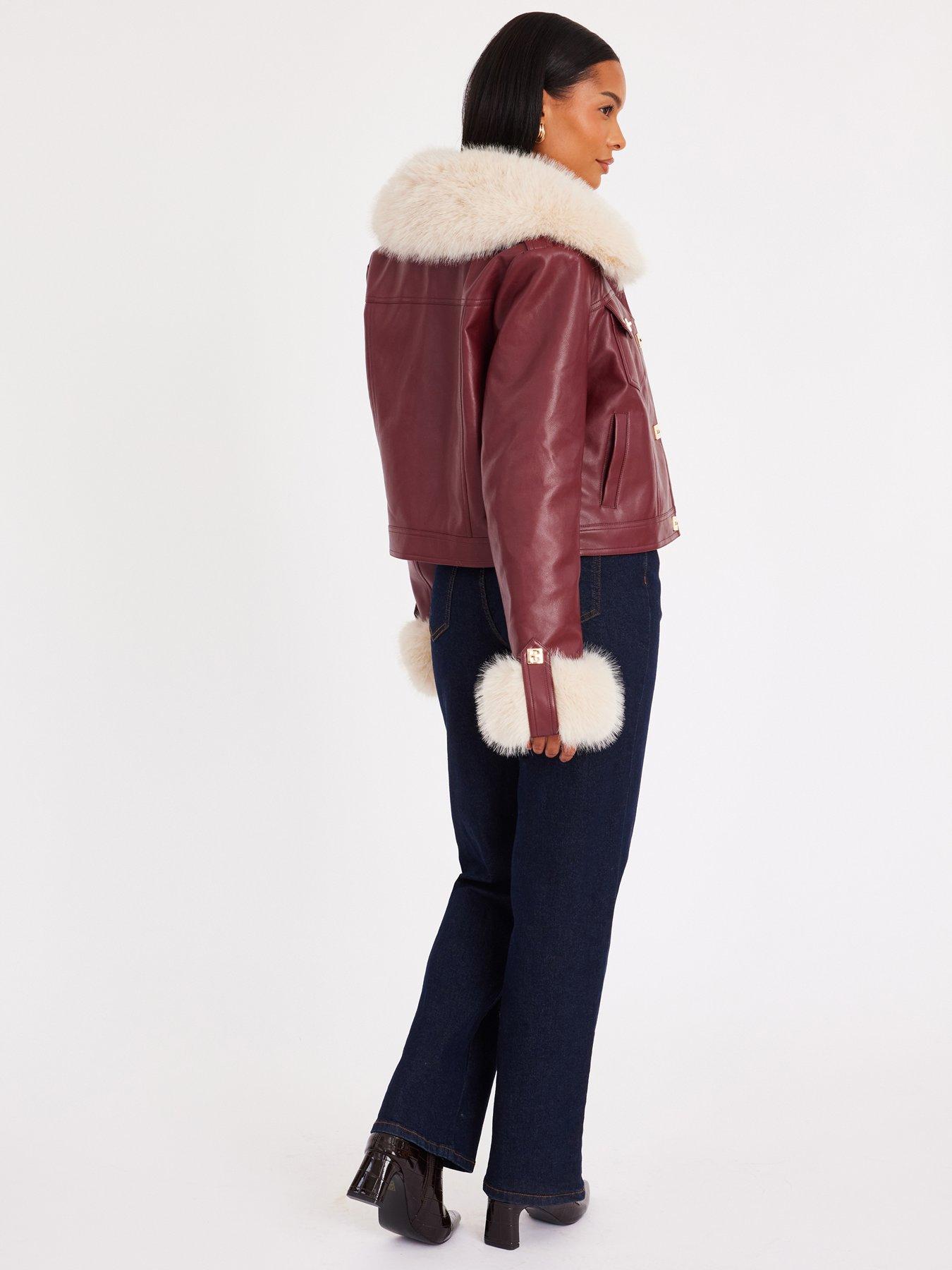 Image 2 of 6 of Quiz Burgundy Faux Fur Button Detail Jacket