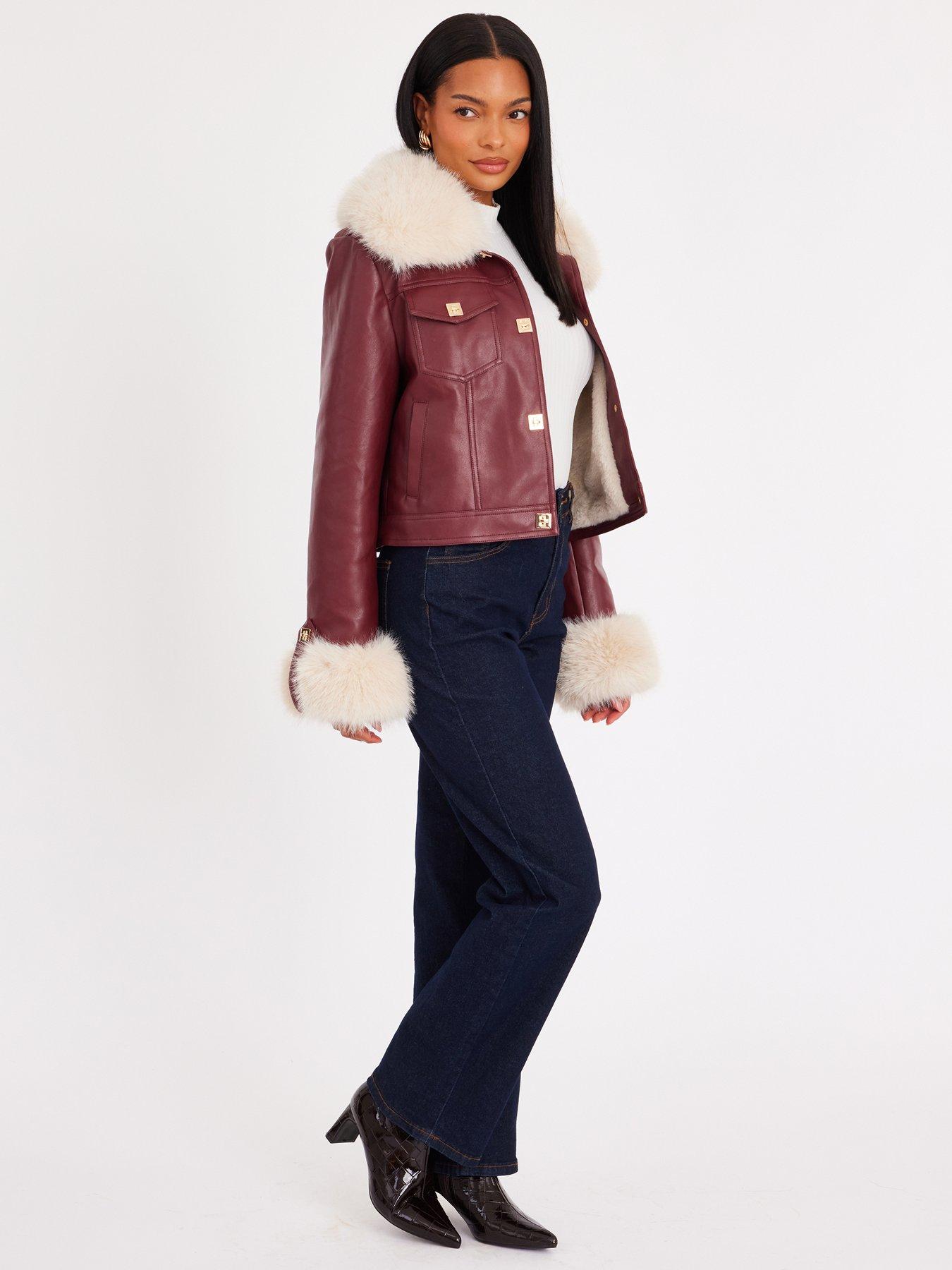 Image 3 of 6 of Quiz Burgundy Faux Fur Button Detail Jacket