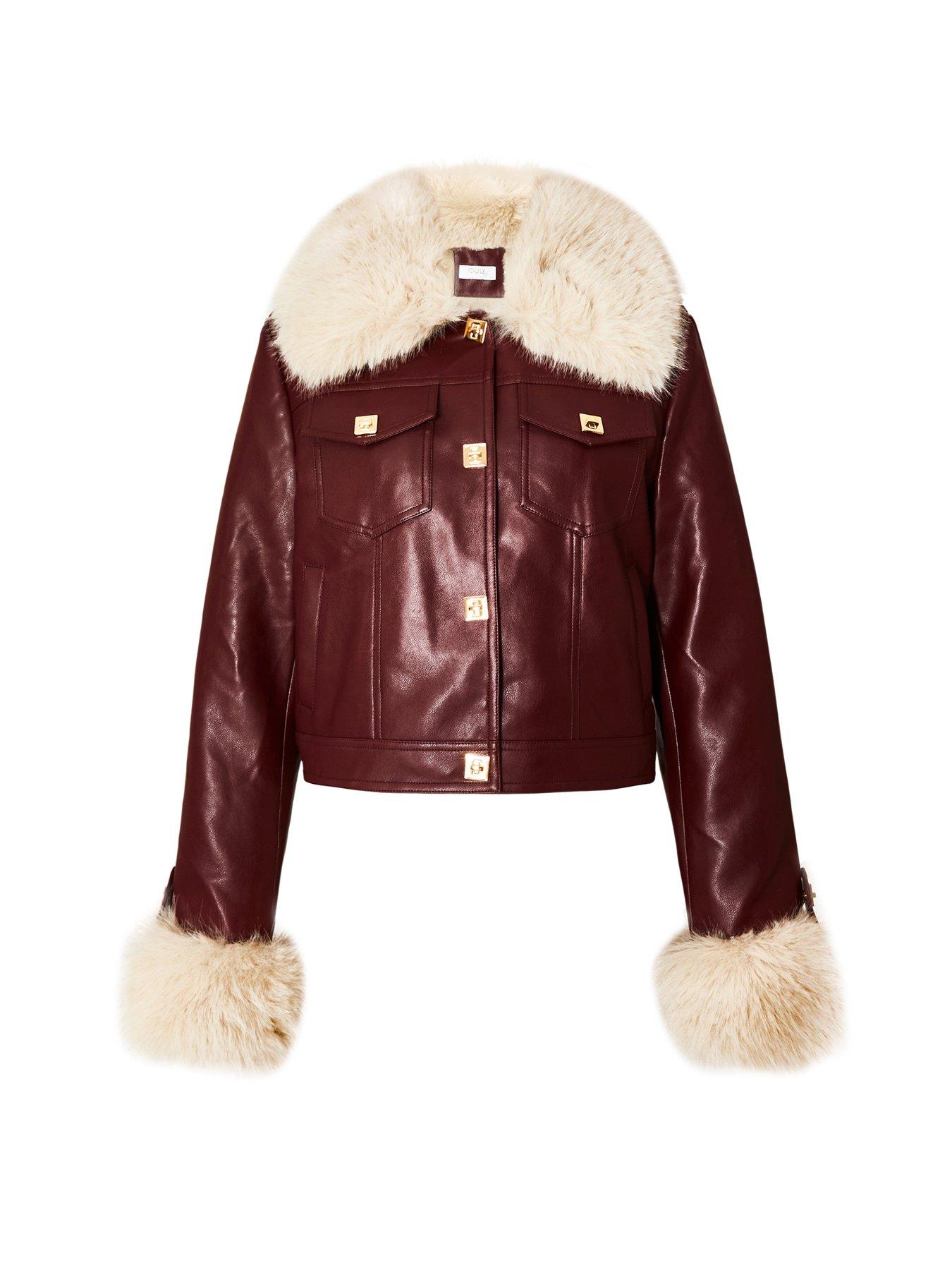 Image 4 of 6 of Quiz Burgundy Faux Fur Button Detail Jacket