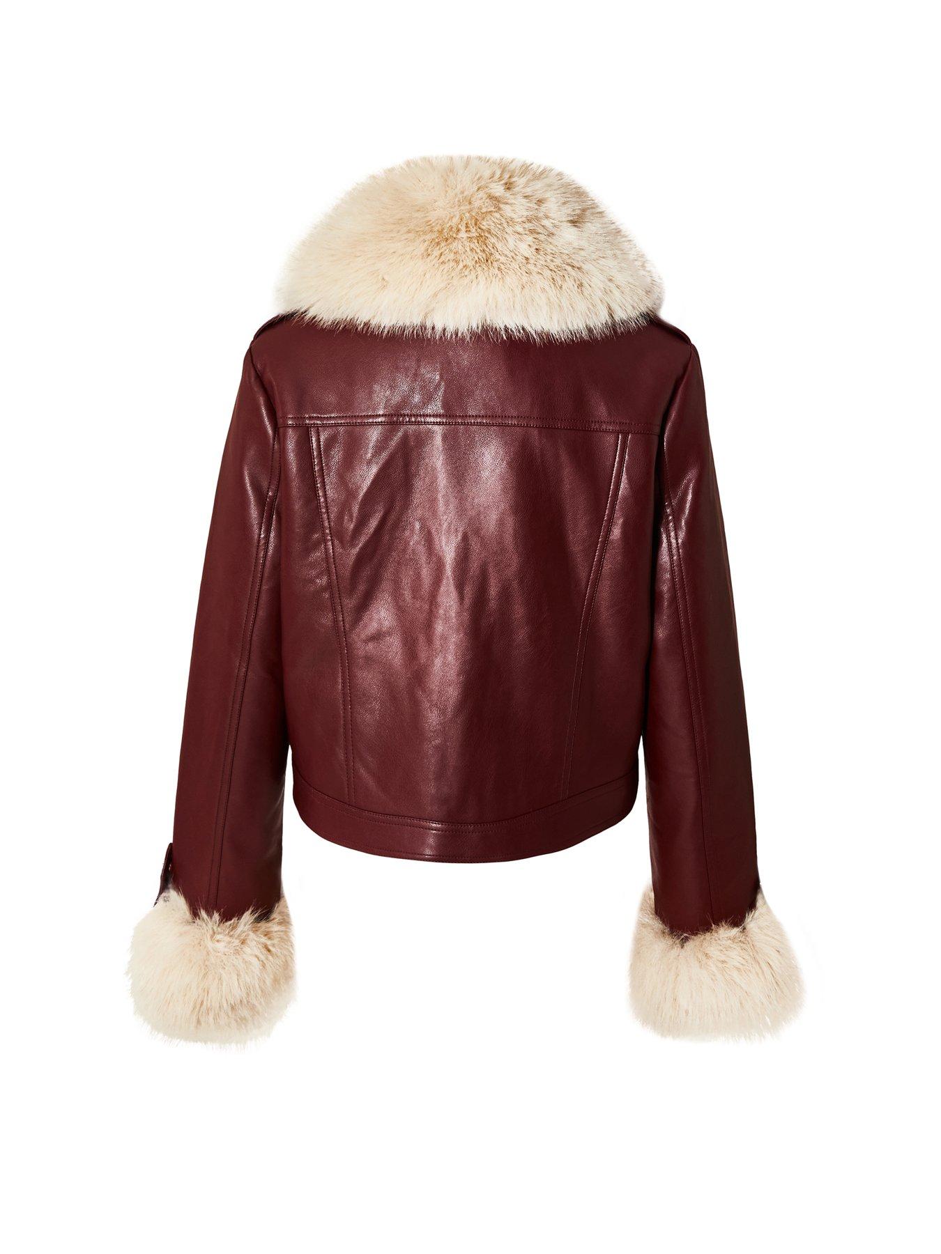Image 5 of 6 of Quiz Burgundy Faux Fur Button Detail Jacket