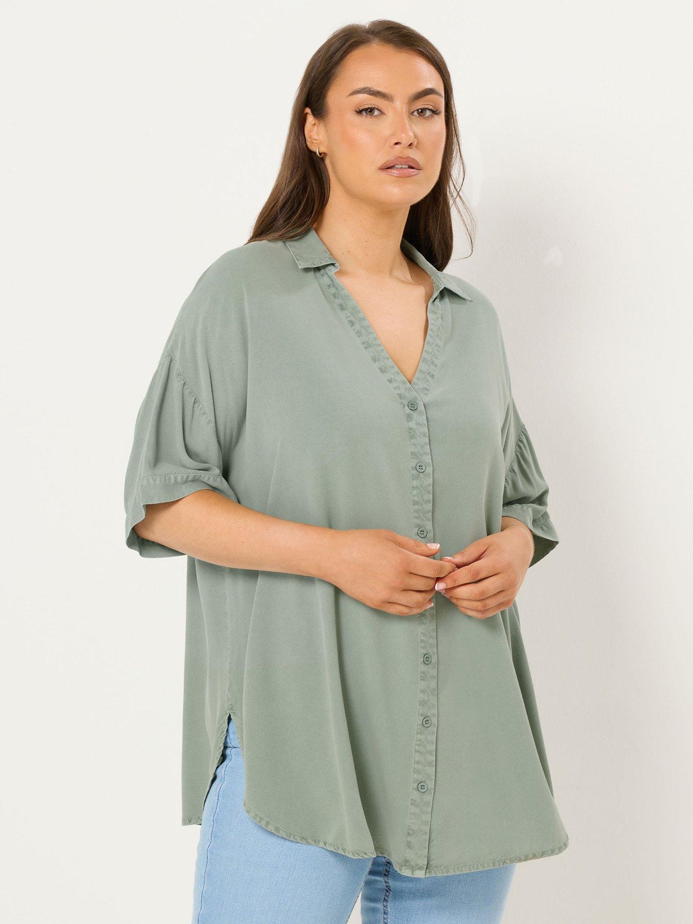 Image 1 of 5 of Yours Curve Short Sleeve Chambray Shirt - Green