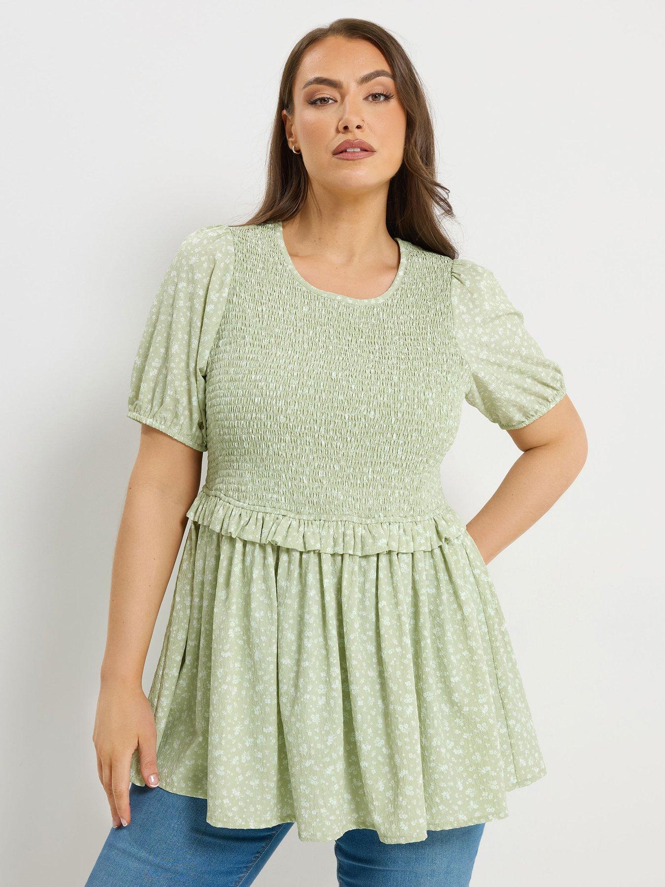 Image 1 of 5 of Yours Curve Texture Shirred Peplum Top - Green