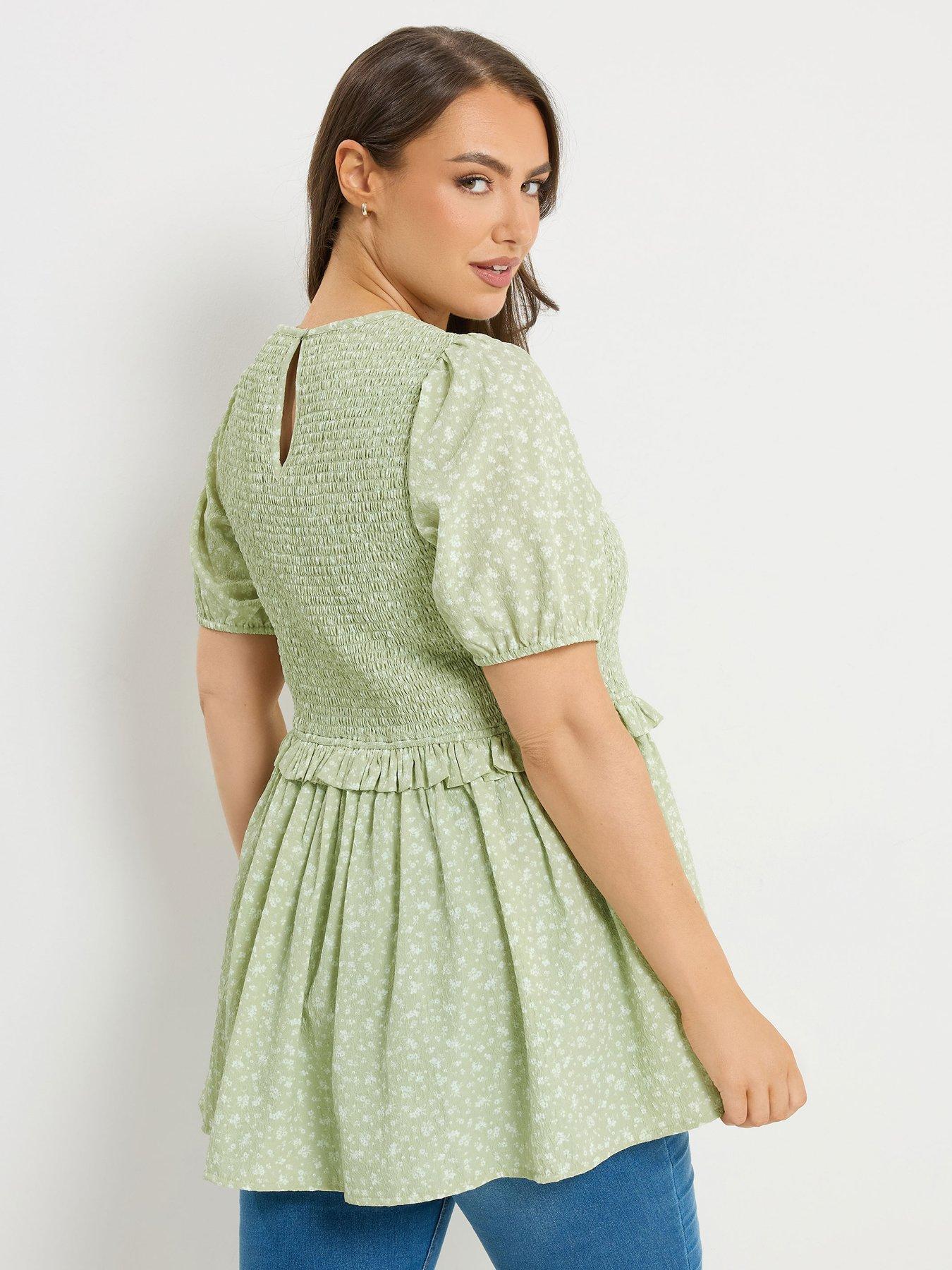Image 2 of 5 of Yours Curve Texture Shirred Peplum Top - Green