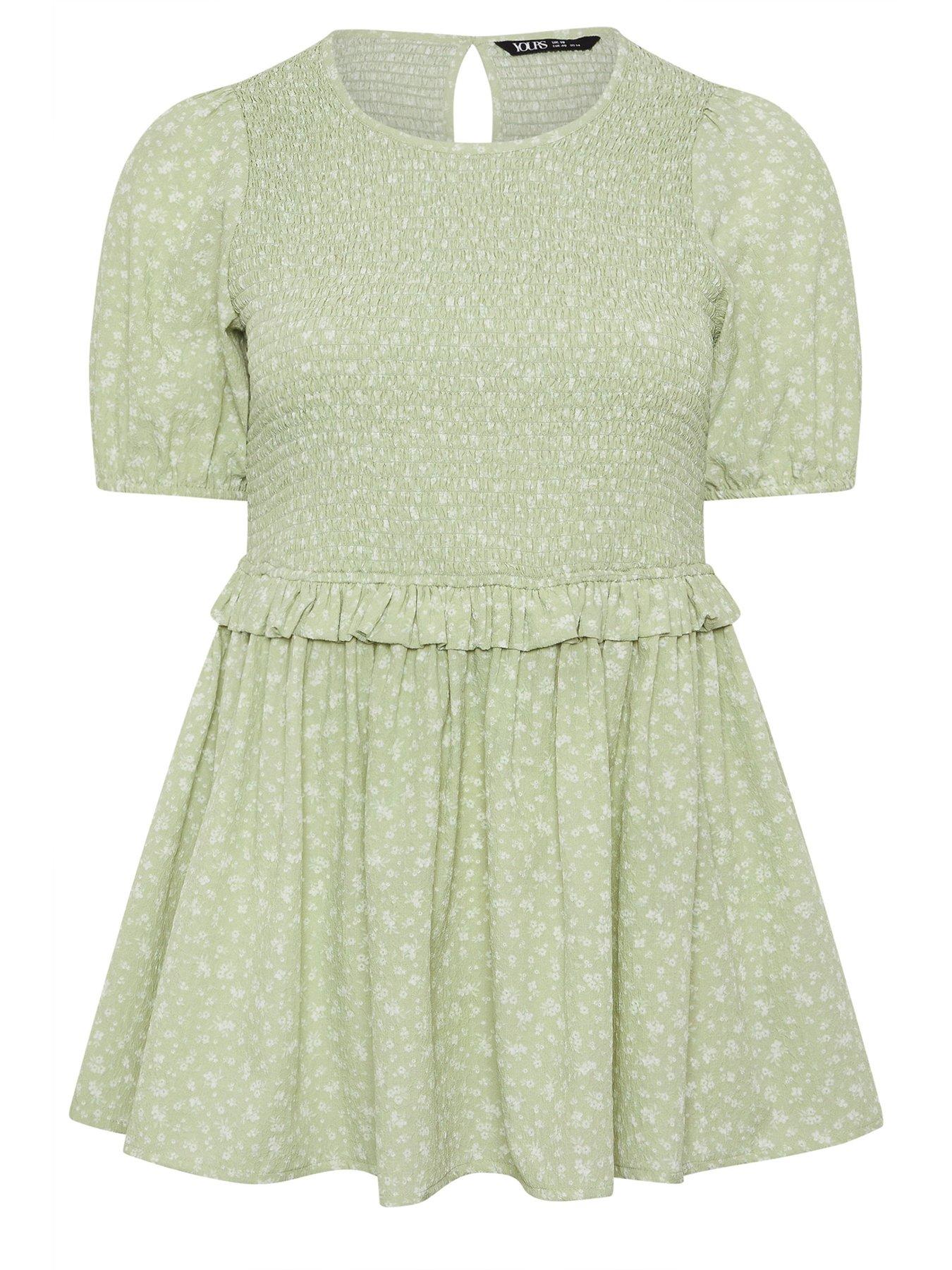 Image 5 of 5 of Yours Curve Texture Shirred Peplum Top - Green