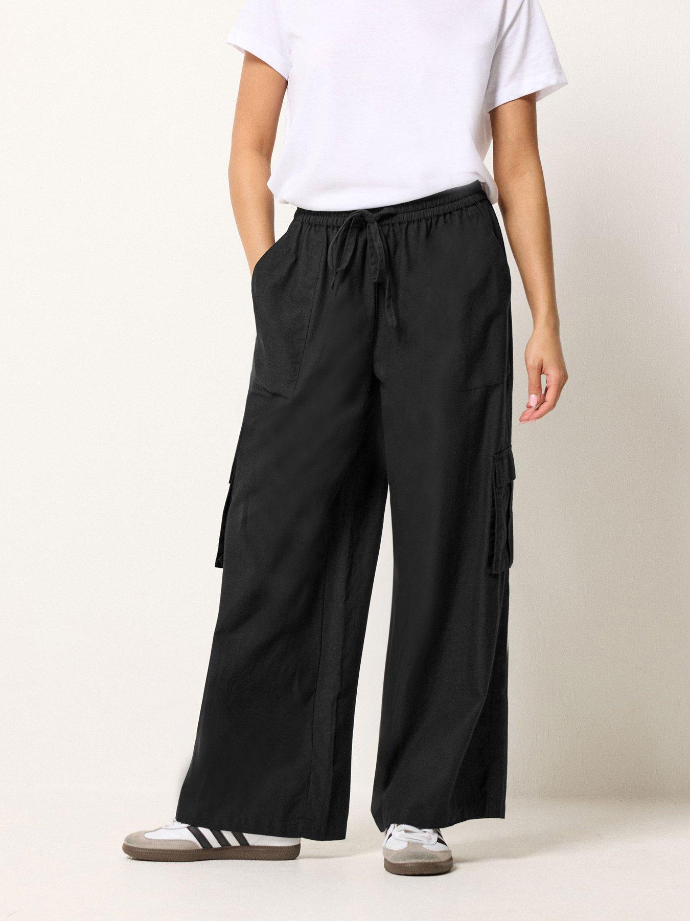 Image 1 of 5 of PixieGirl Petite Cargo Wide Leg Trousers Containing Linen