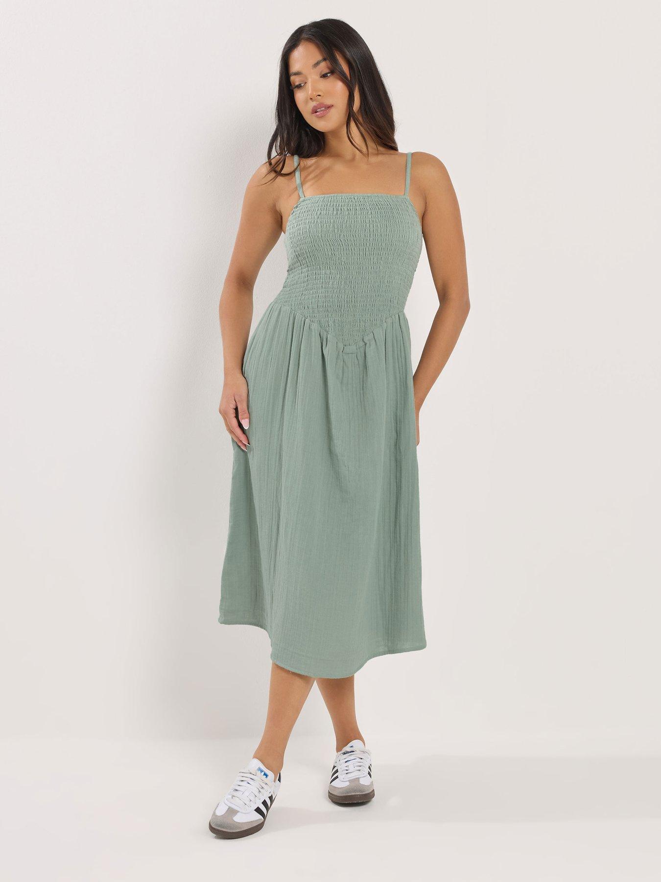 PixieGirl Petite Shirred Cheesecloth Midi Dress - Green | Very