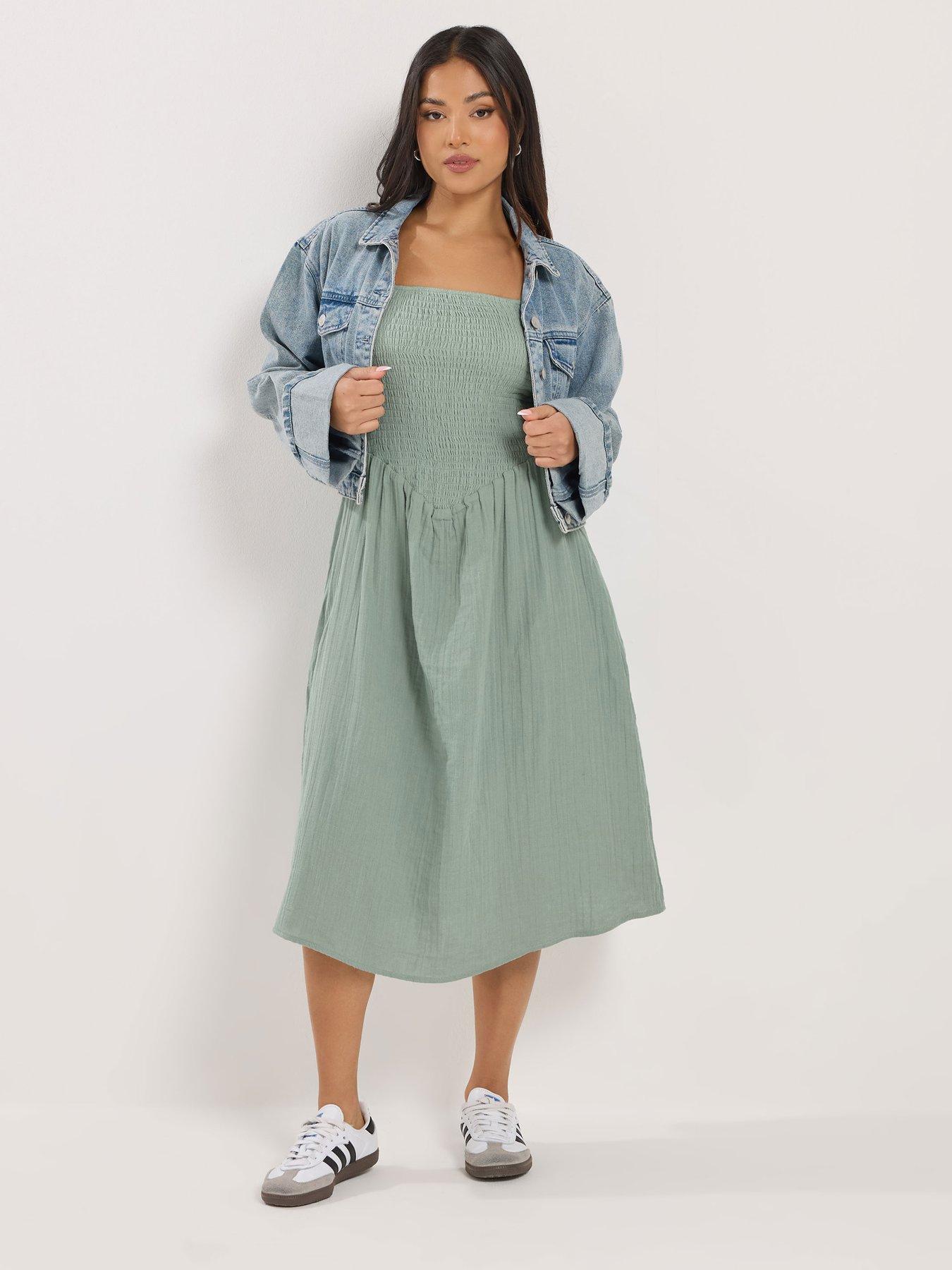 PixieGirl Petite Shirred Cheesecloth Midi Dress - Green | Very