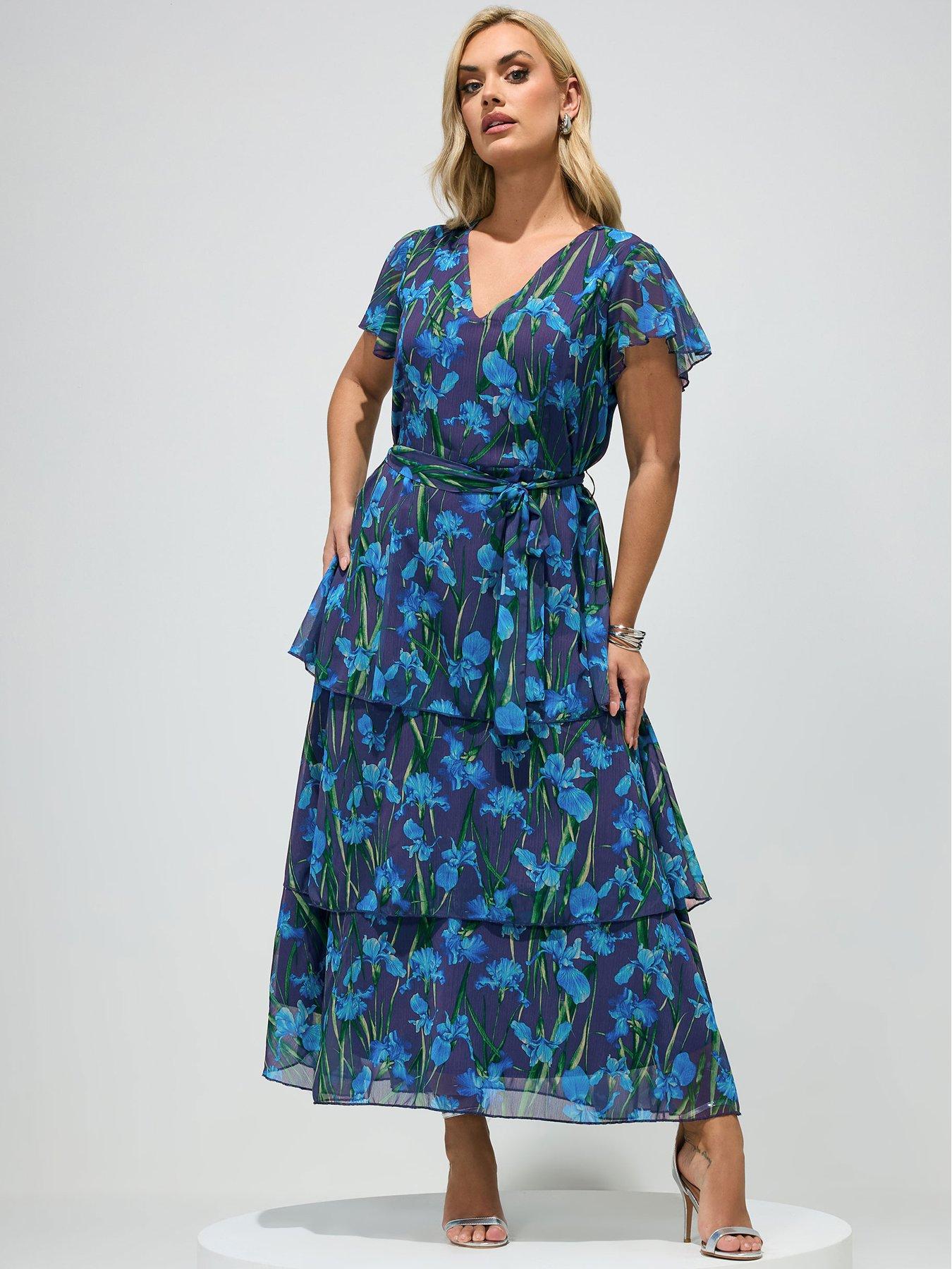 Yours Curve Floral Tiered V-Neck Dress - Blue