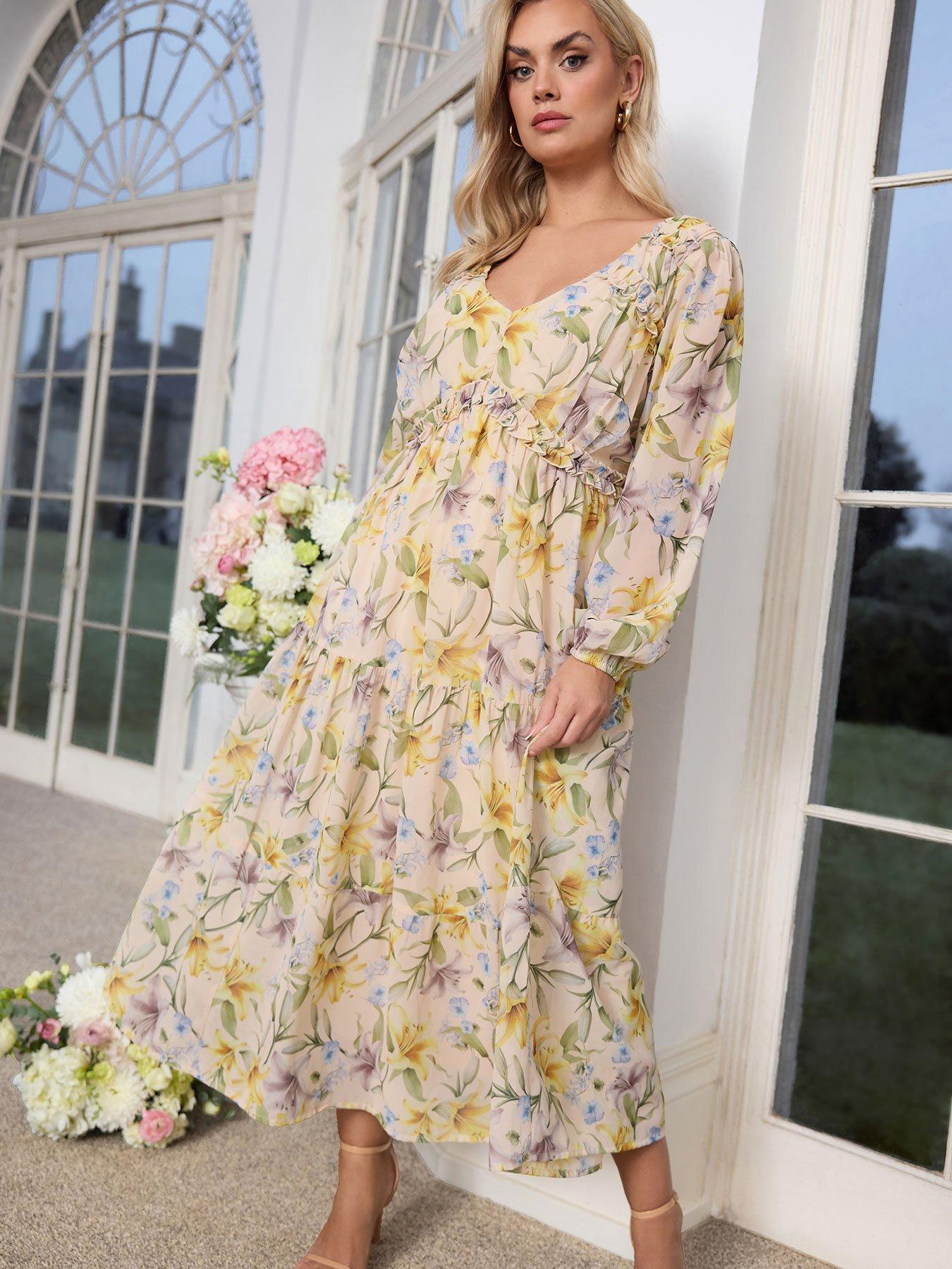 Yours Curve Floral Boho Long Sleeve Dress - White