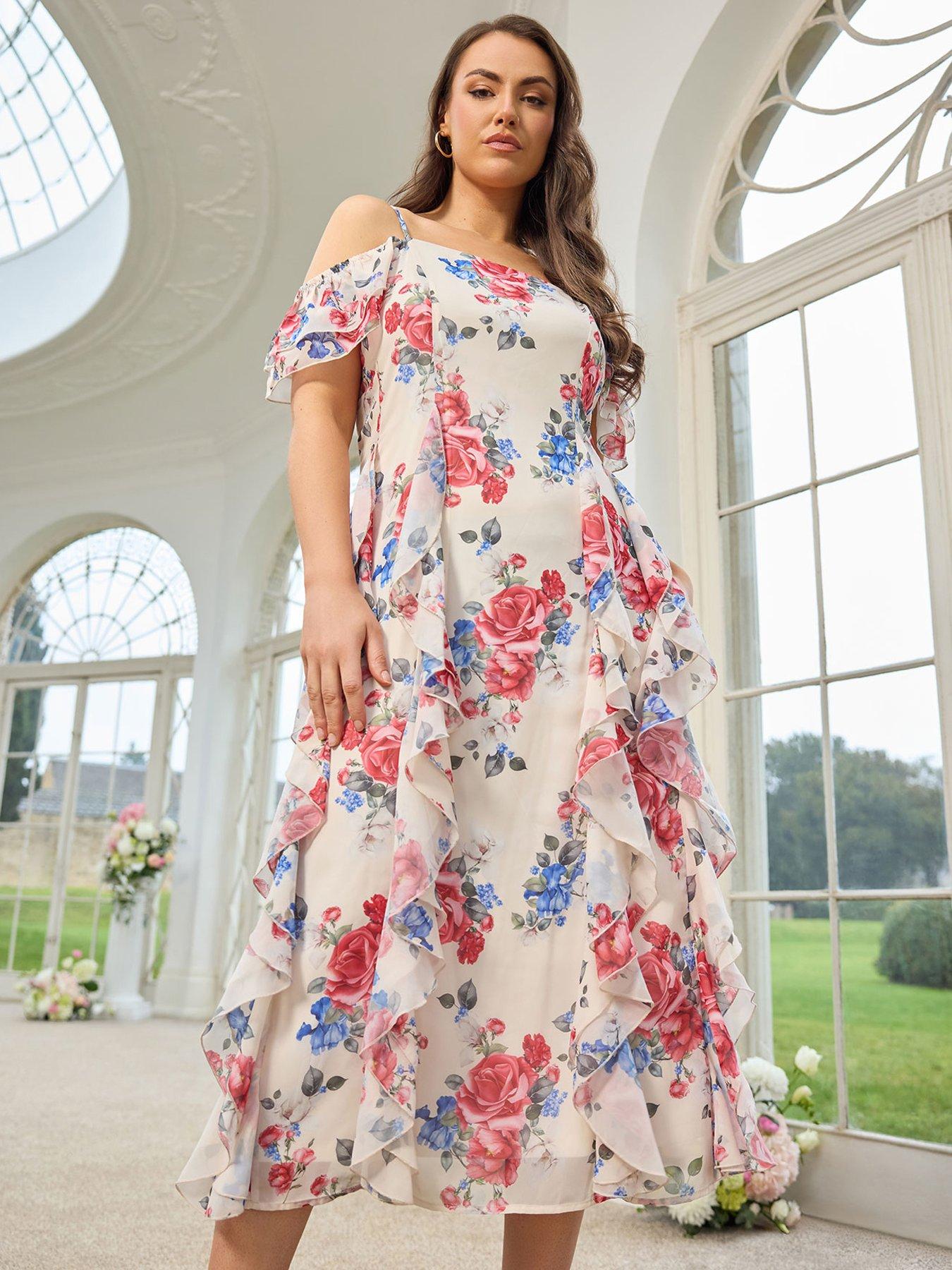Yours Curve Rose Floral Ruffle Dress - White