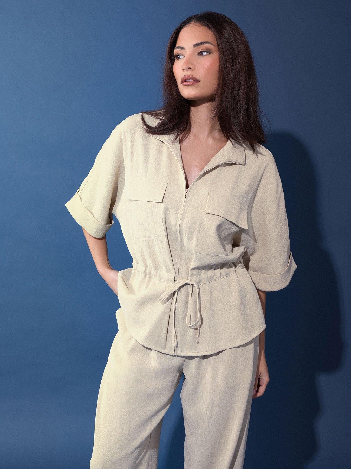 PixieGirl Petite Short Sleeve Linen Look Tie Shacket - Cream