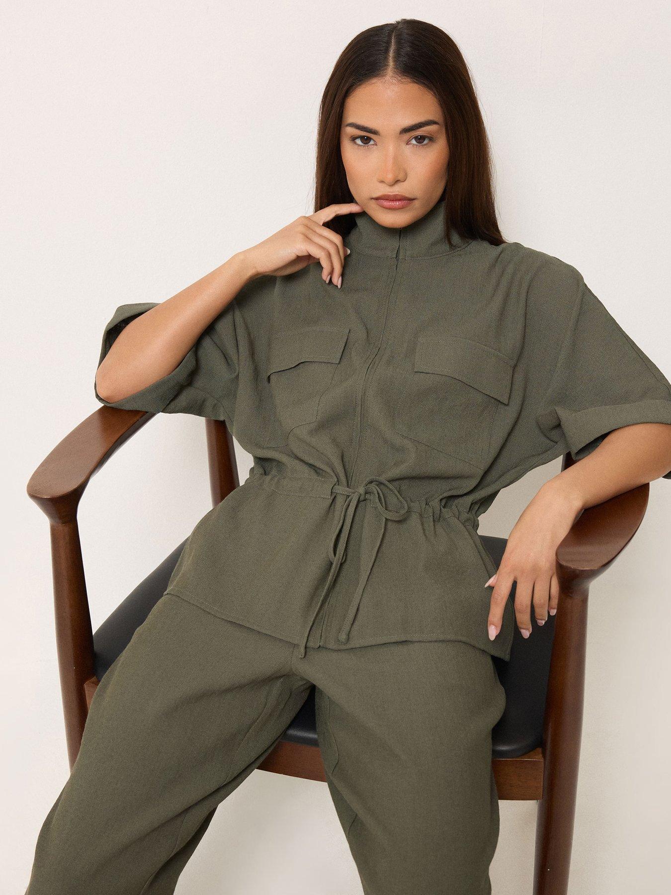 PixieGirl Petite Short Sleeve Linen Look Tie Shacket - Green